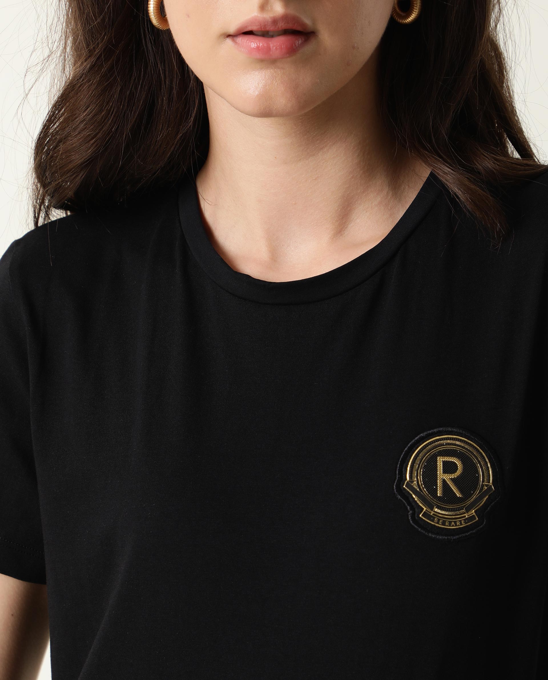 Rareism Women Fuji Black Cotton Fabric Regular Fit Half Sleeves Graphic Print Crew Neck T-Shirt