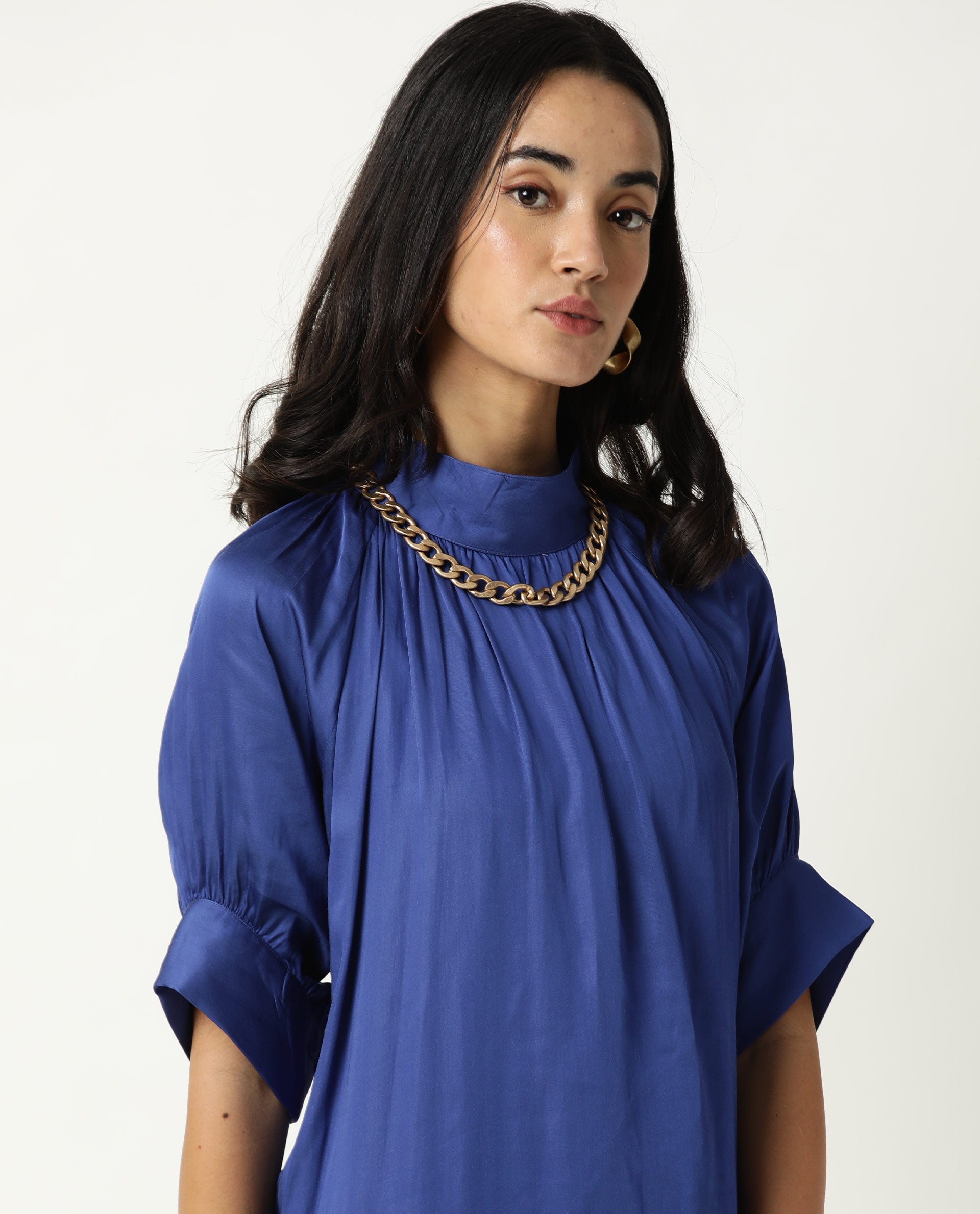 Rareism Women Shiver Dark Blue High Neck With Gathers Raglan Sleeves With Puff And Side Slit Knee Length Dress