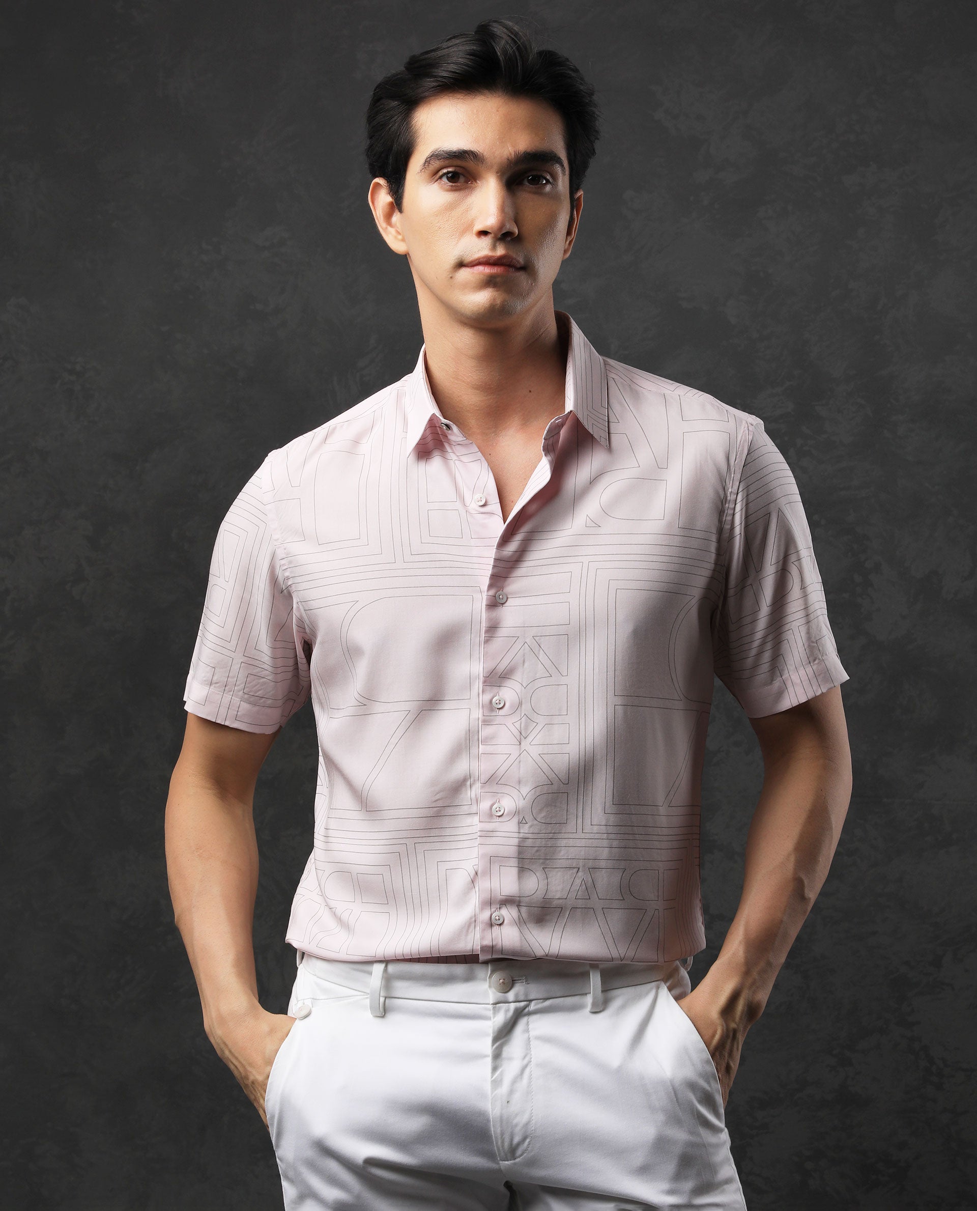 RARE RABBIT MEN'S MALFOR SS PASTEL PINK SHIRT SHORT SLEEVES COLLARED NECK PRINT