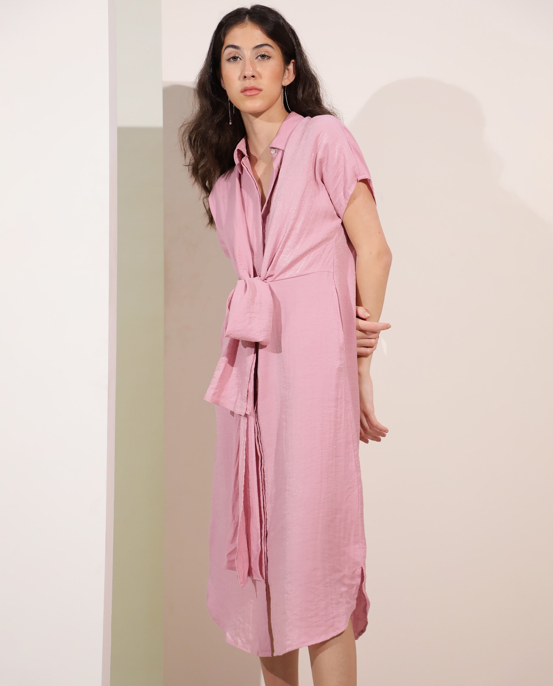 Rareism Women Kori Metallic Pink Shirt Collar Short Sleeve Front Button Closure Placket Fabric Waist Belt Pocket Midi Dress