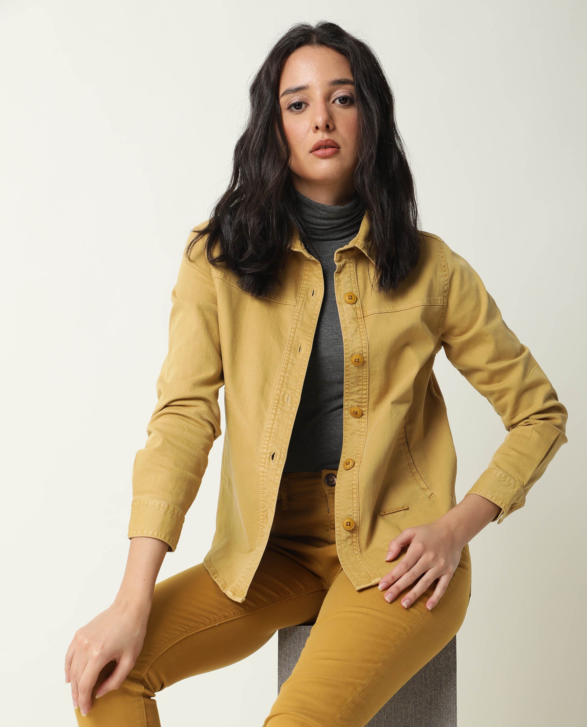 Rareism Women Mission Mustard Cotton Lycra Fabric Full Sleeves Solid Shirt Collar Jacket