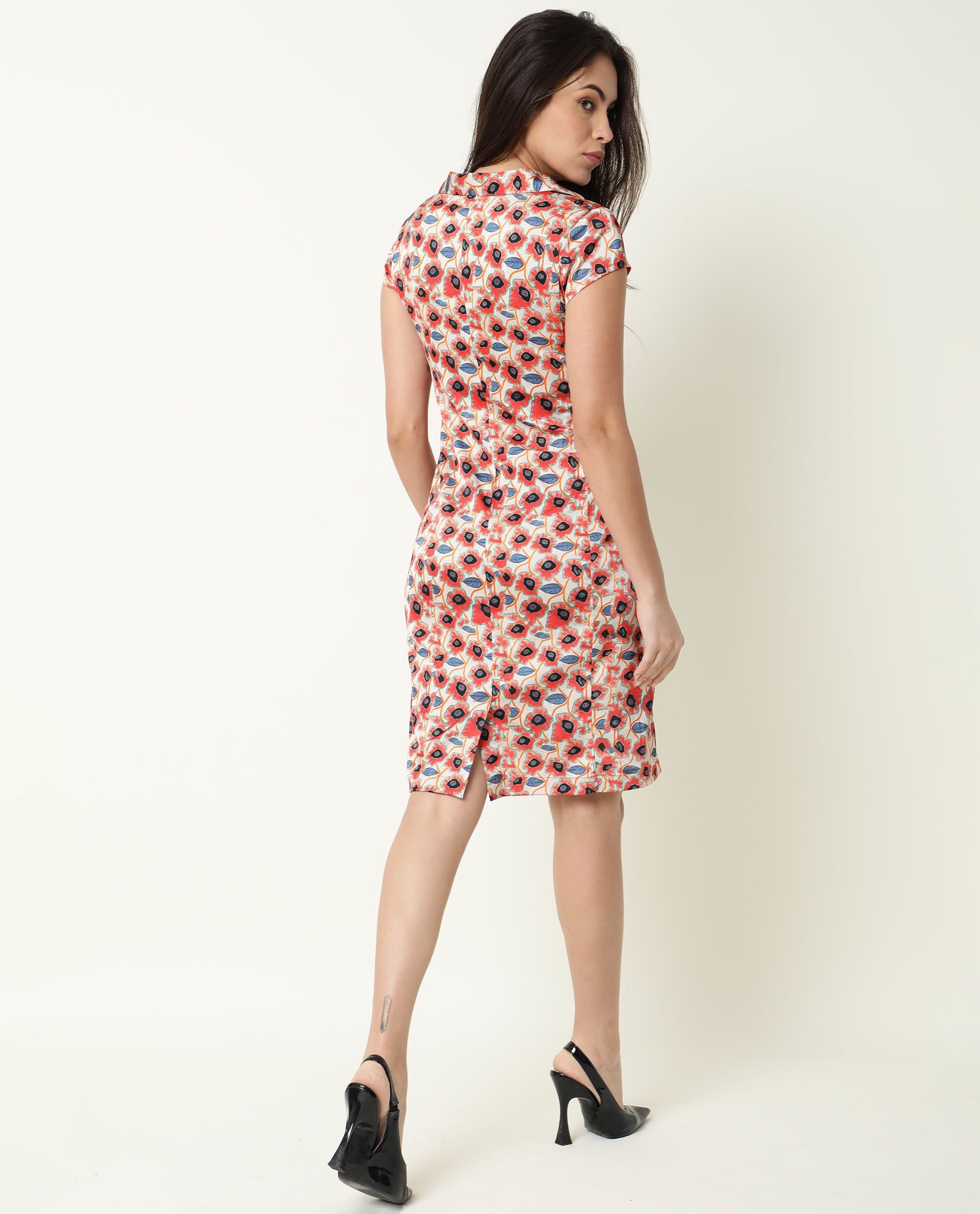 Rareism Women Orleans Beige Shirt Collar Cap Sleeves Mini Dress