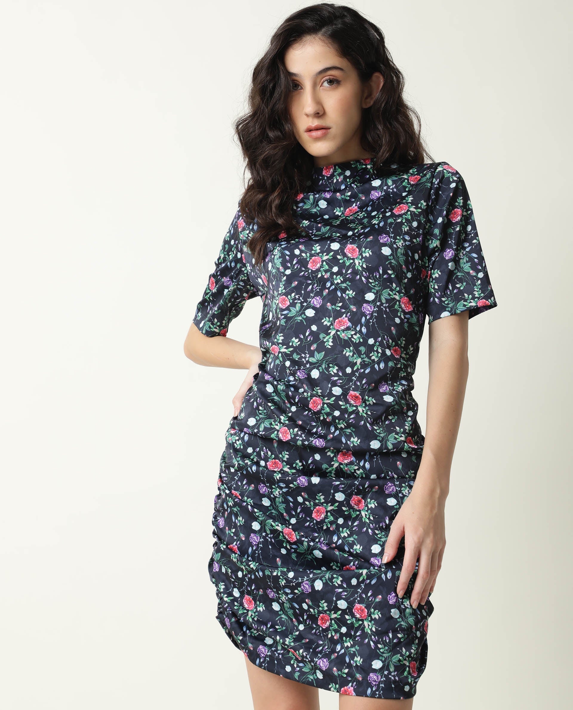 Rareism Women John Navy Floral Print High Neck Short Sleeves Ruching At Sides And Back With Back Zip Closure Mini Dress