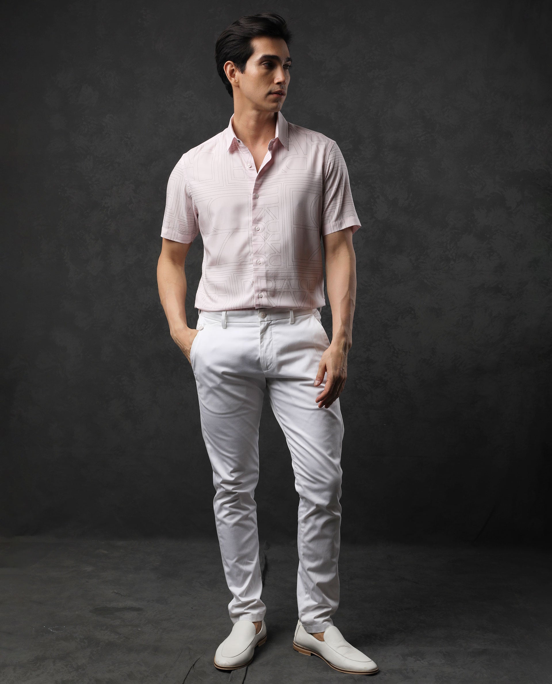 RARE RABBIT MEN'S MALFOR SS PASTEL PINK SHIRT SHORT SLEEVES COLLARED NECK PRINT