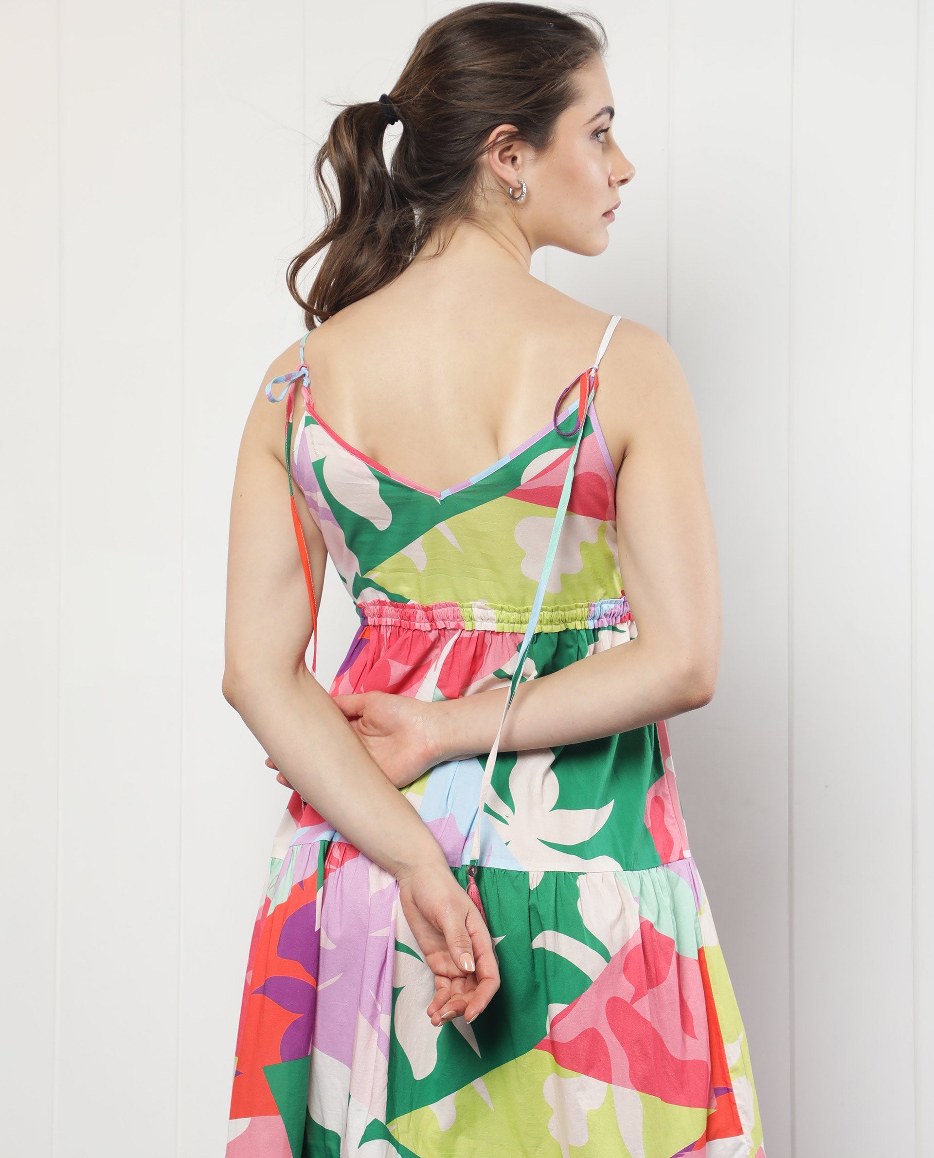 Rareism Women Grace Multi Cotton Fabric Sleeveless V-Neck Shoulder Straps Regular Fit Floral Print Knee Length Tiered Dress