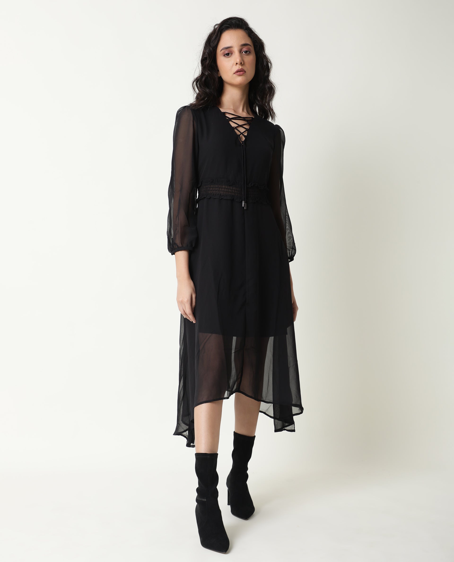 Rareism Women Ommet Black V Neck Criss Cross Tie Up Neckline Full Sleeve Smocked Waist Panel Asymmetric Knee Length Dress