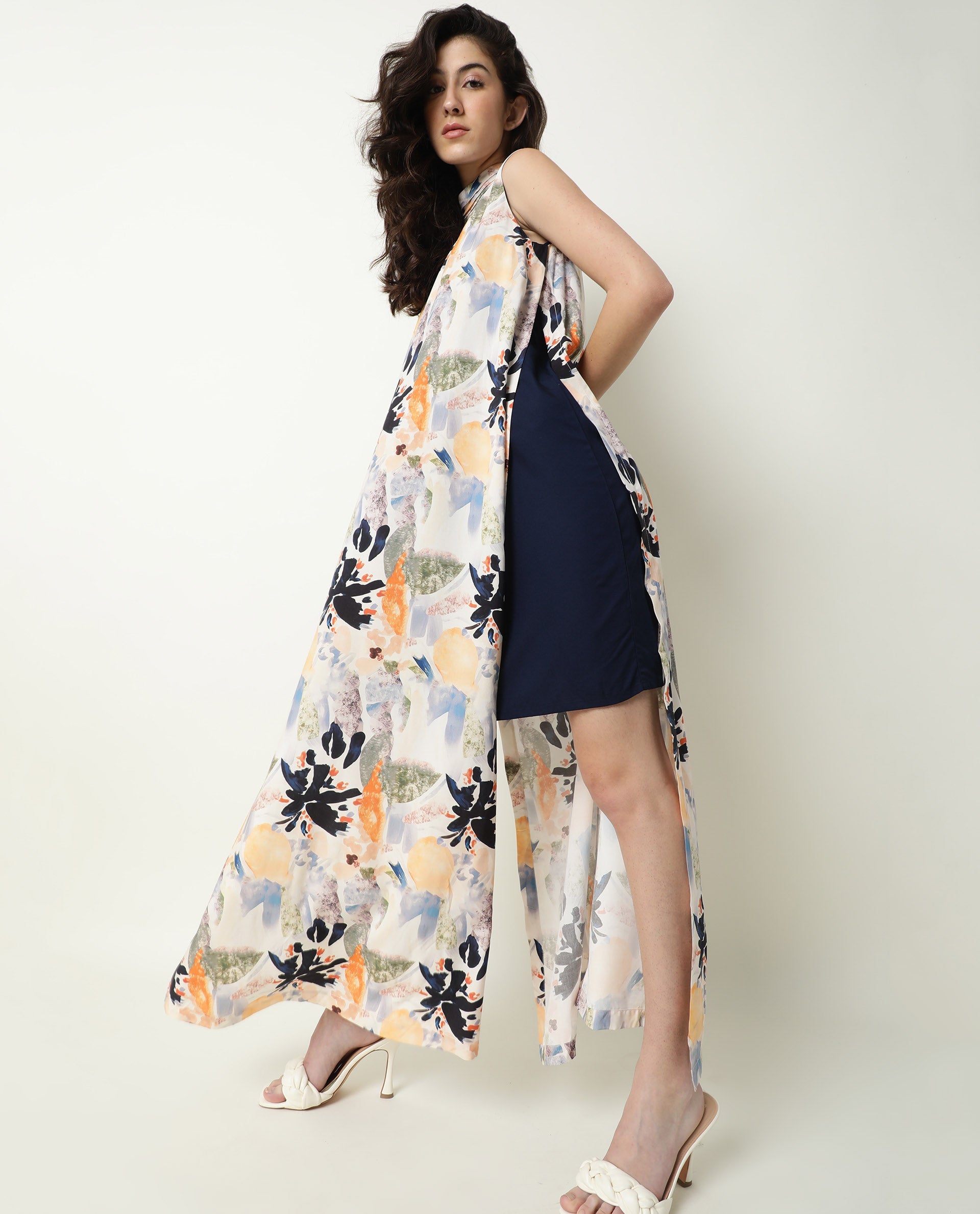 Rareism Women Isa Multi Abstract Print High Neck Band Collar With Ruffles Side Full Slit And Back Button Closure Maxi Dress