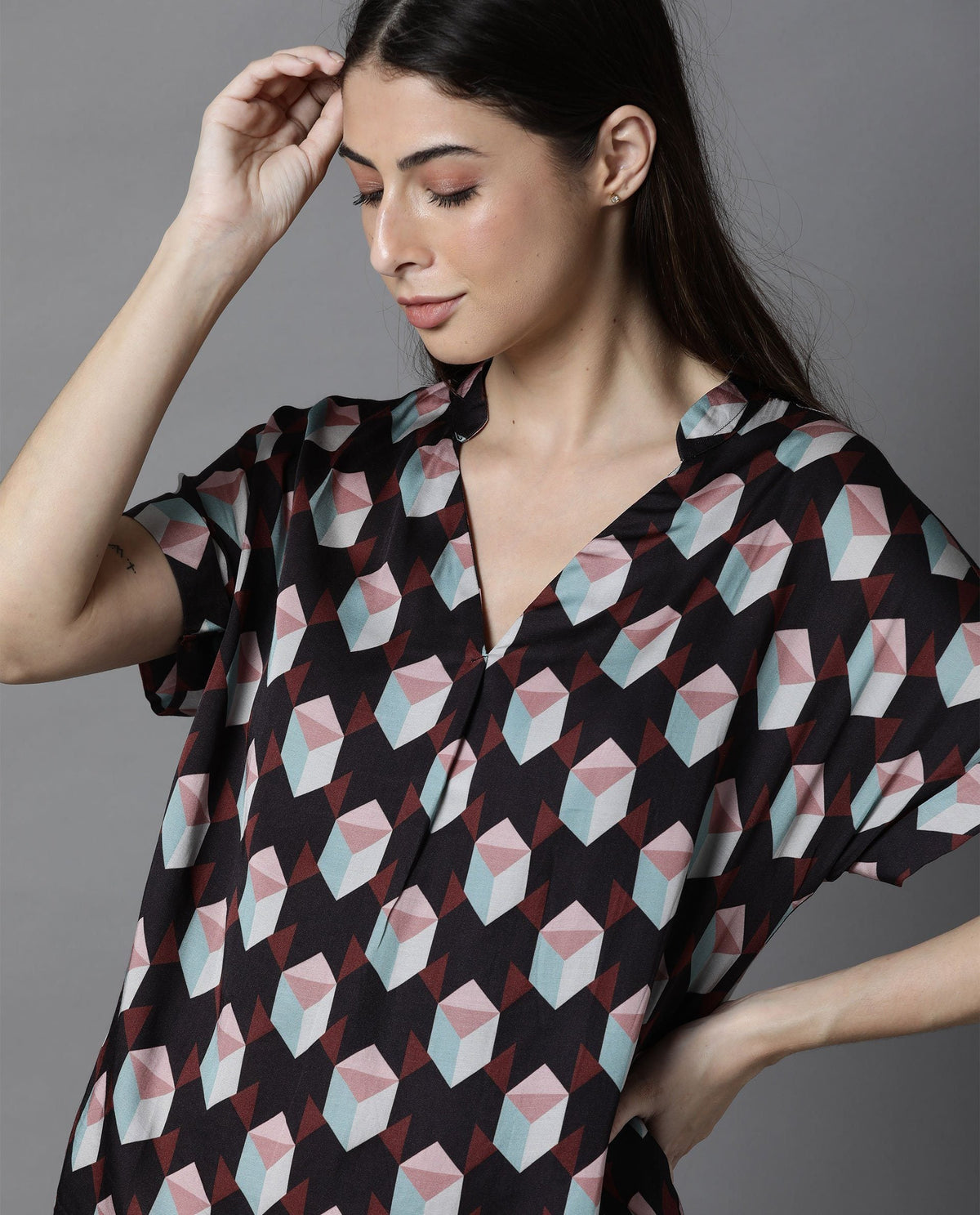 Rareism Women Ringo Brown Top Full Sleeves Printed
