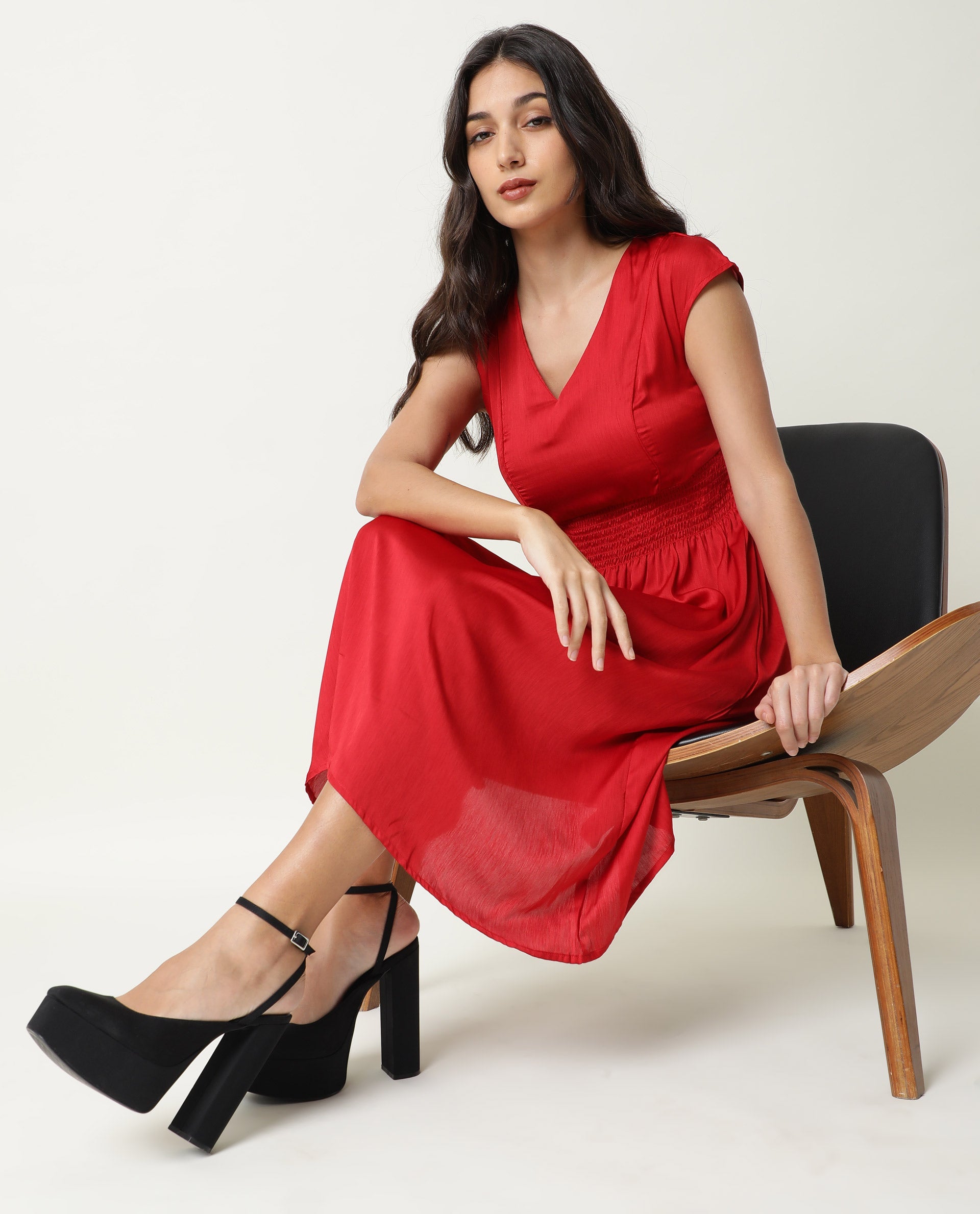 Rareism Women Milux Red V Neck Calf Sleeves Smocking Waist Knee Length Dress