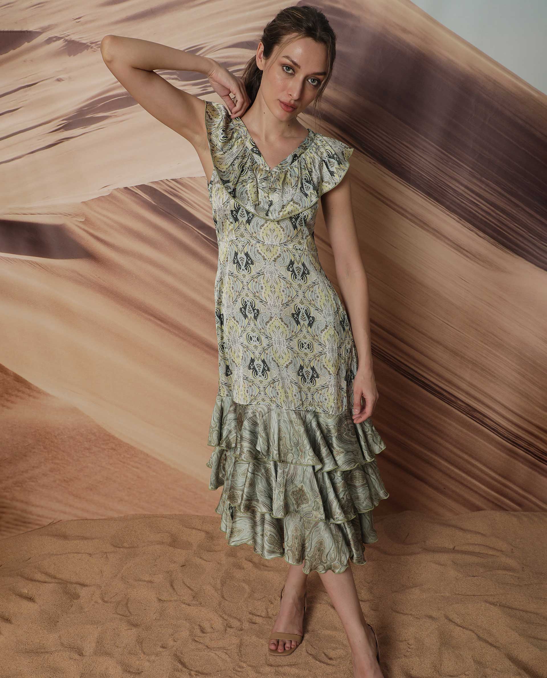 Rareism Women Aishia Off White Polyester Fabric Ruffled Neck Sleeveless Regular Fit Paisley Print Midi A-Line Dress