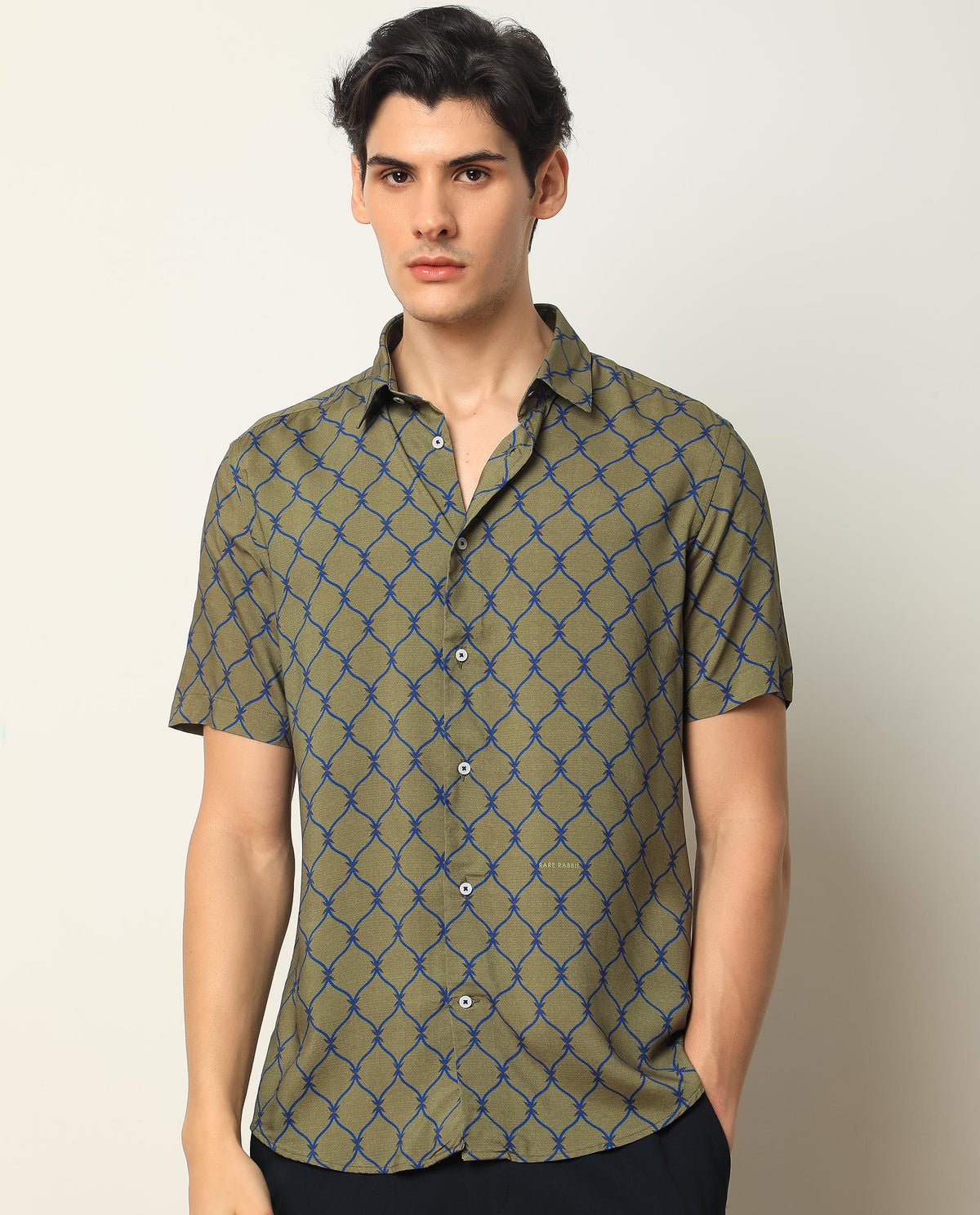 Rare Rabbit Men'S Beldon Olive Short Sleeves Collared Neck Slim Fit