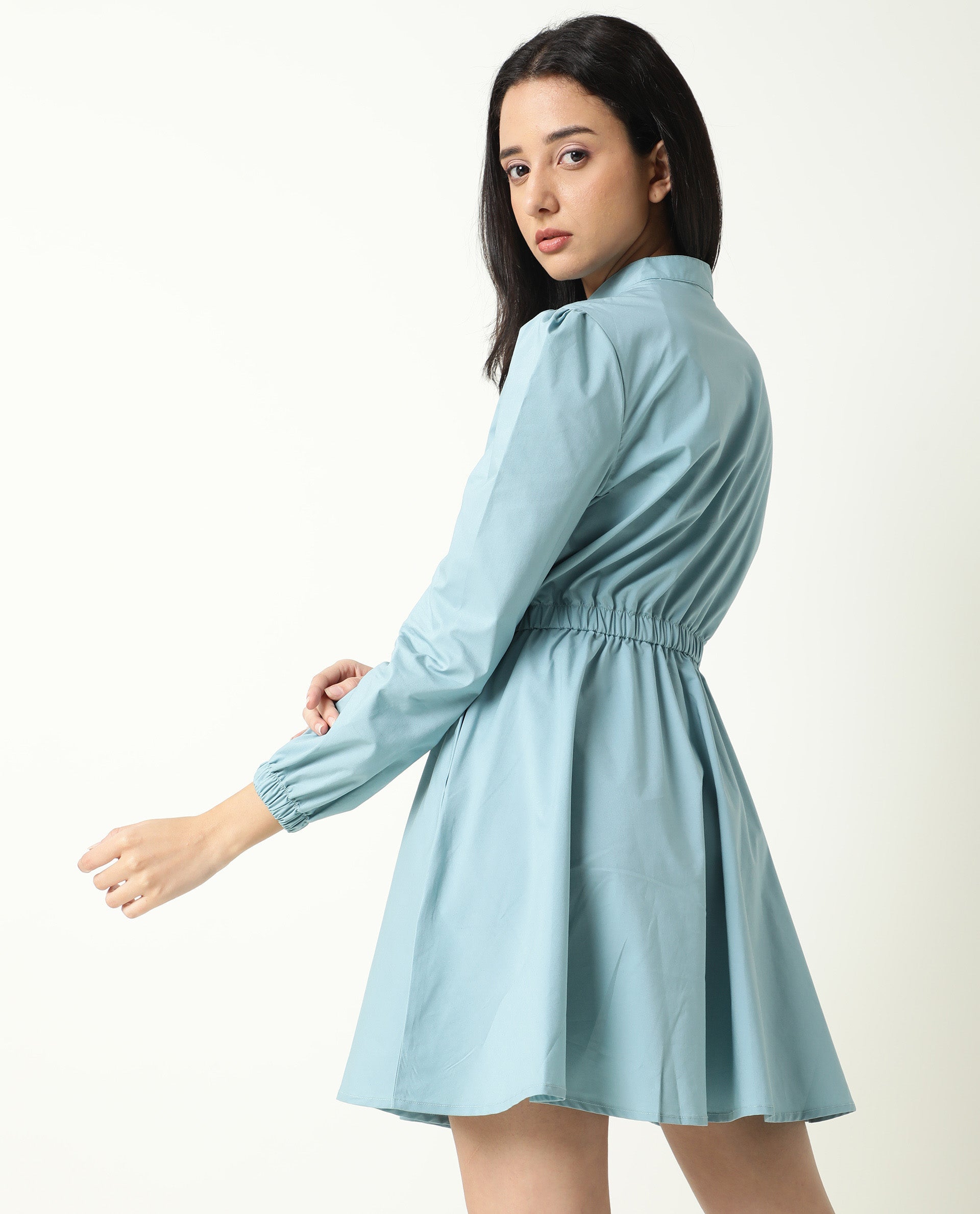 Rareism Women Darla Blue Mandarin Collar Full Front Button Closure Placket With Full Sleeves And Pocket Mini Dress