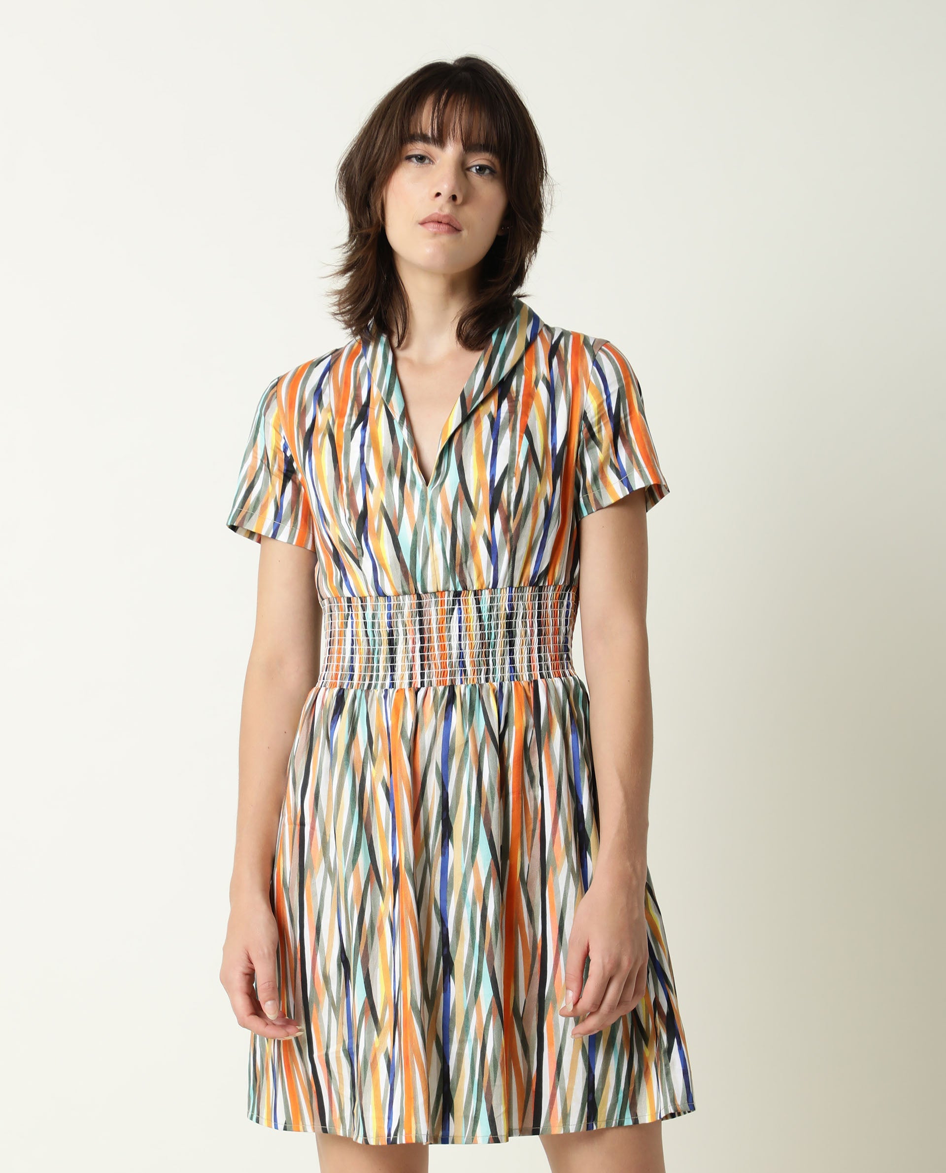 Rareism Women Shallom Multi Abstract V Neck Overlap Collar Short Sleeves Elastic Waist Band Mini Dress