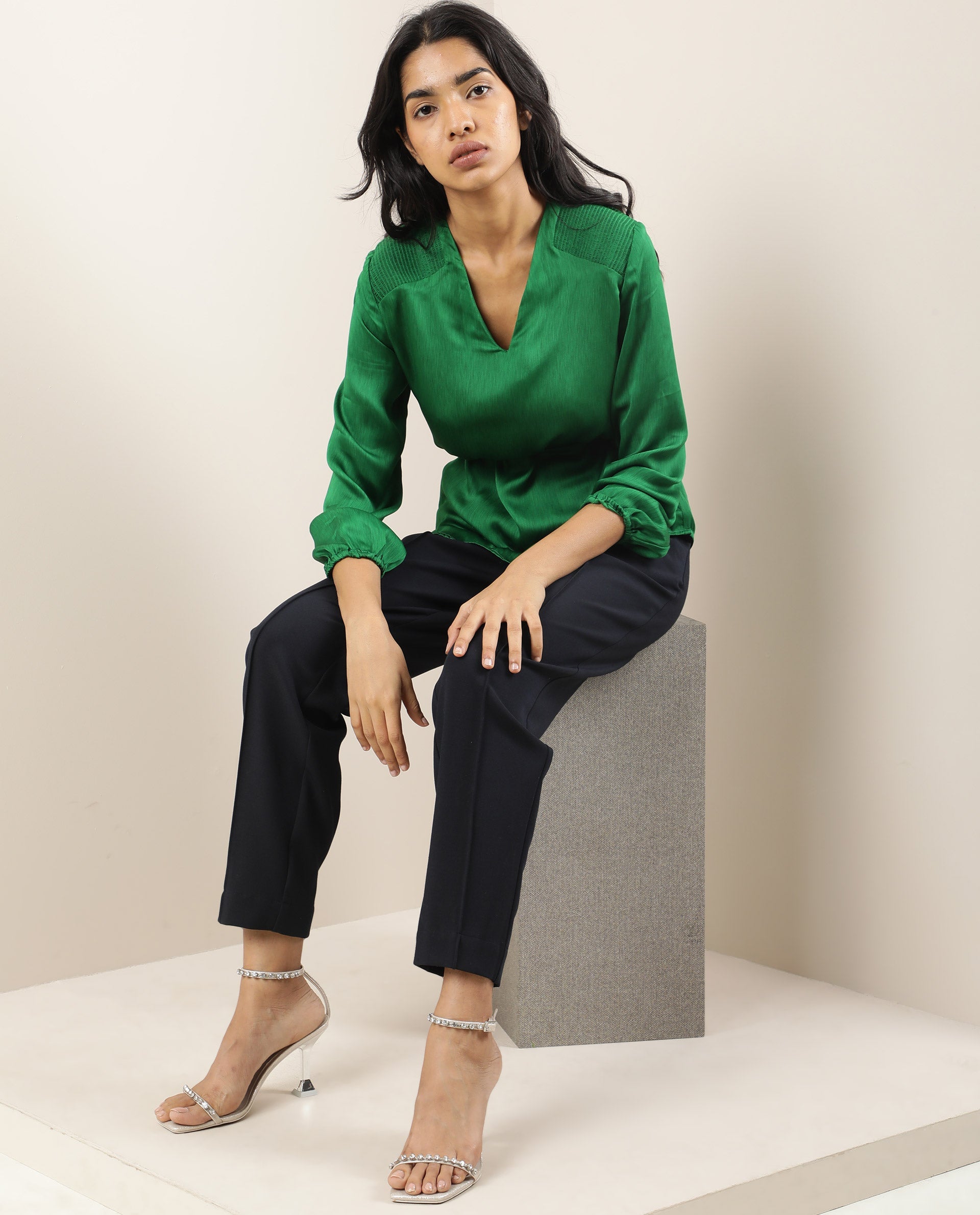 Rareism Womens Dronite Green Top Polyester Fabric Full Sleeve V Neck