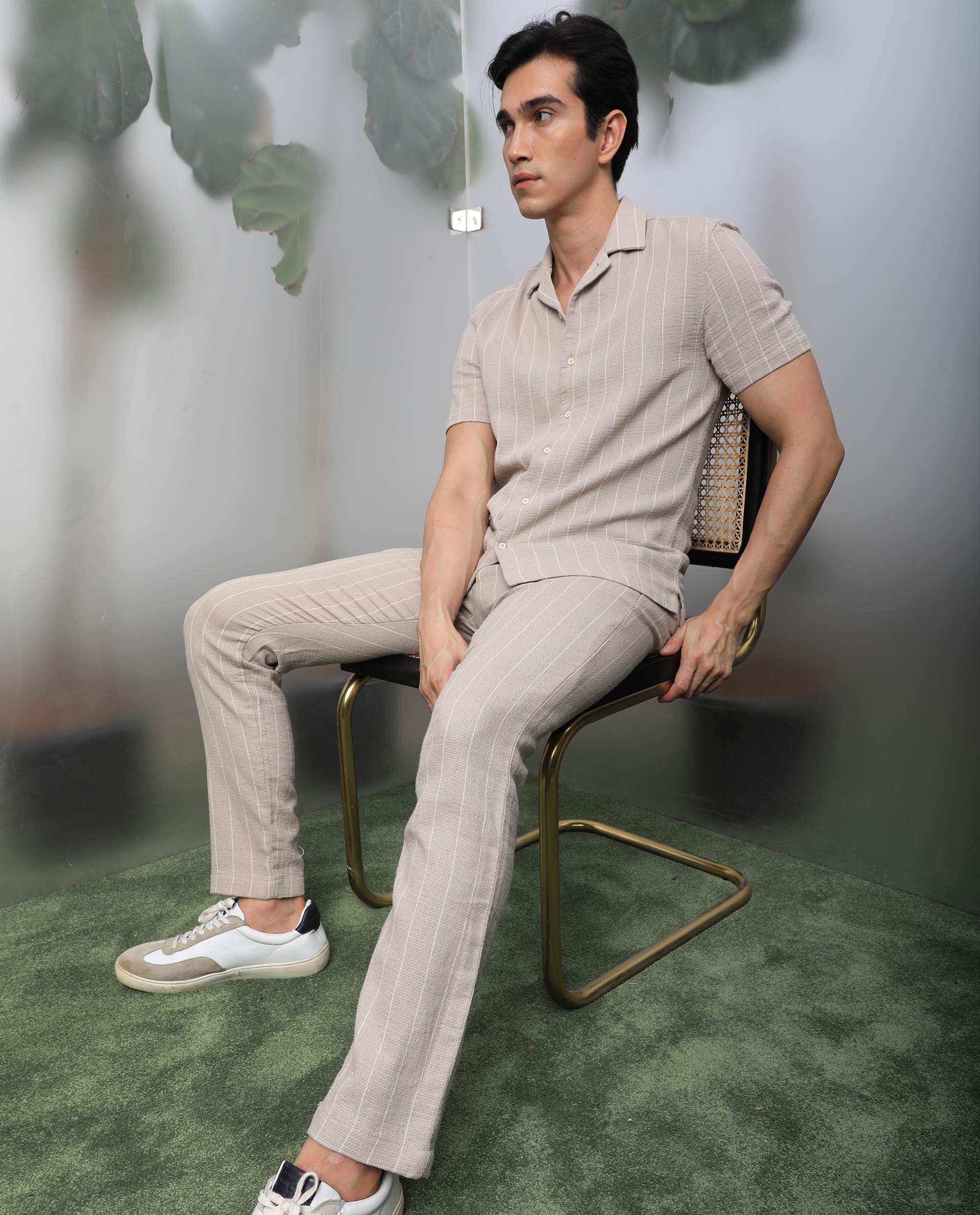 Rare Rabbit Men's Nano Beige Cotton Fabric Cuban Collar Half Sleeves Loosely Knit Stripe Shirt