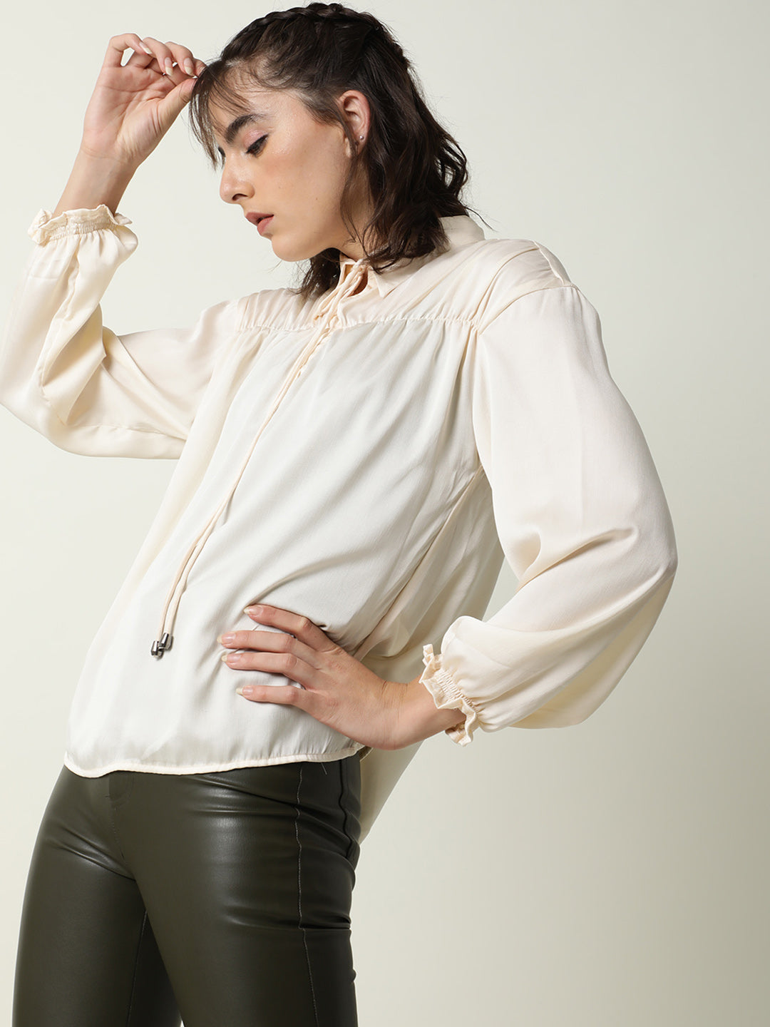 Rareism Women Paxo Off White Poly Cotton Fabric Regular Fit Tie-Up Neck Full Sleeves Solid Top