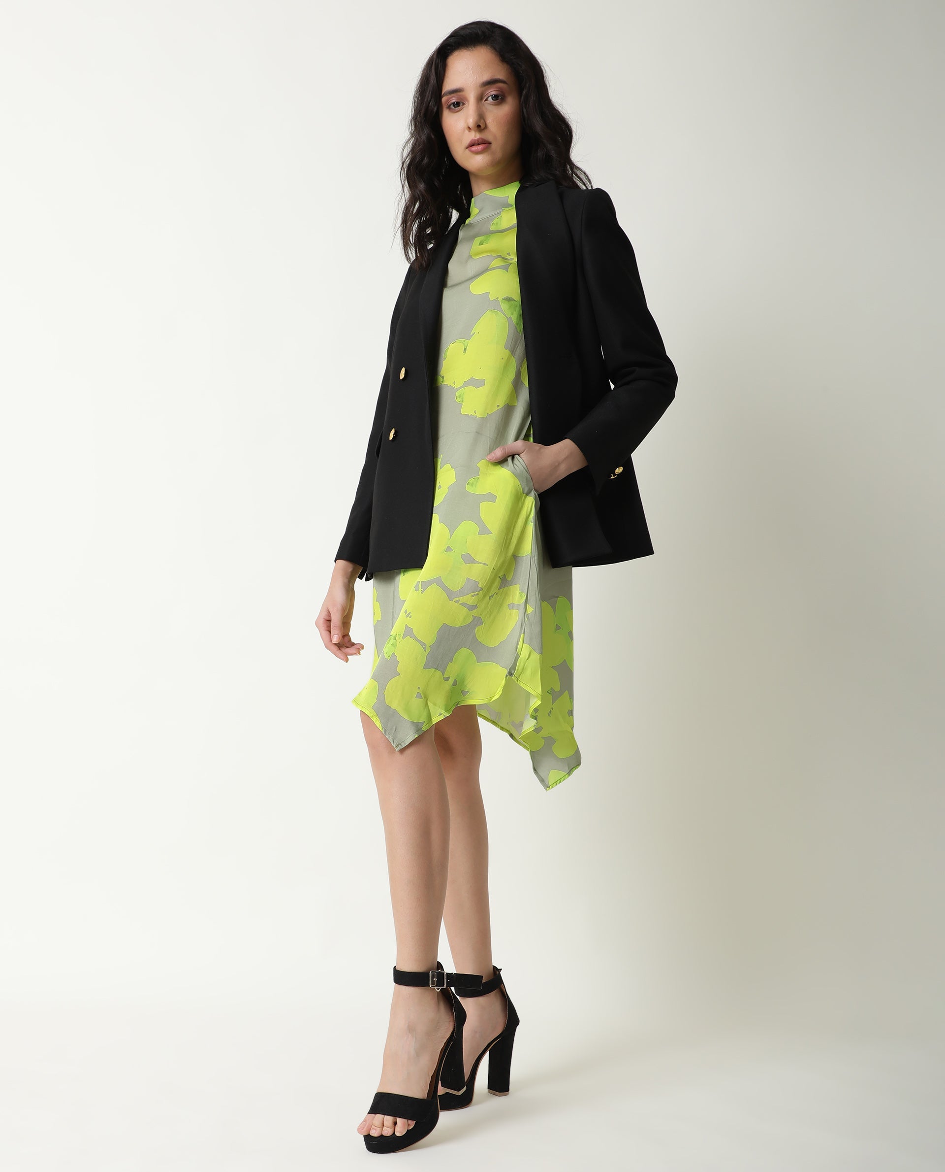 Rareism Women Sprite Yellow Floral Print Band Neck Short Sleeves With Pockets Asymmetric Hem Knee Length Dress