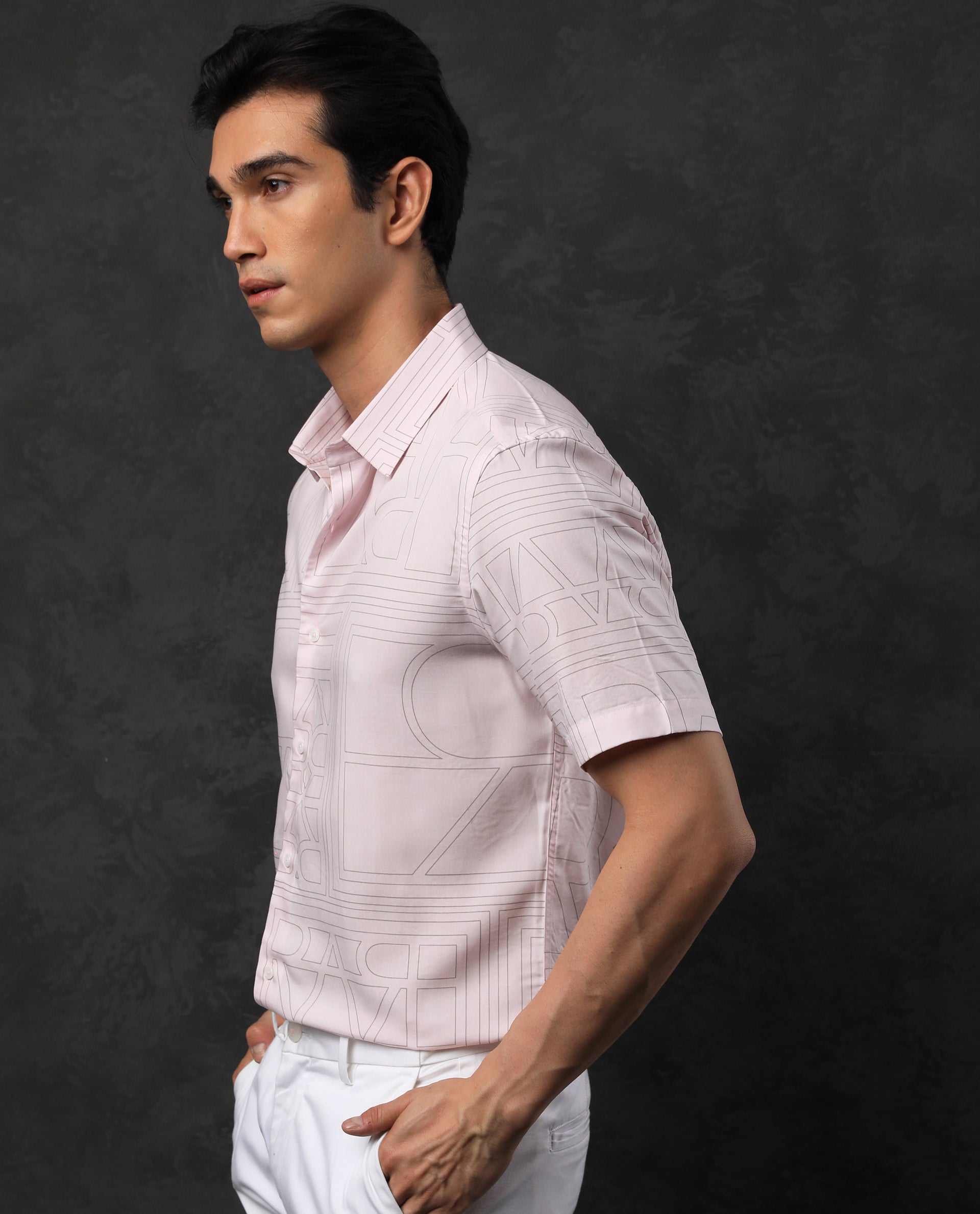 RARE RABBIT MEN'S MALFOR SS PASTEL PINK SHIRT SHORT SLEEVES COLLARED NECK PRINT