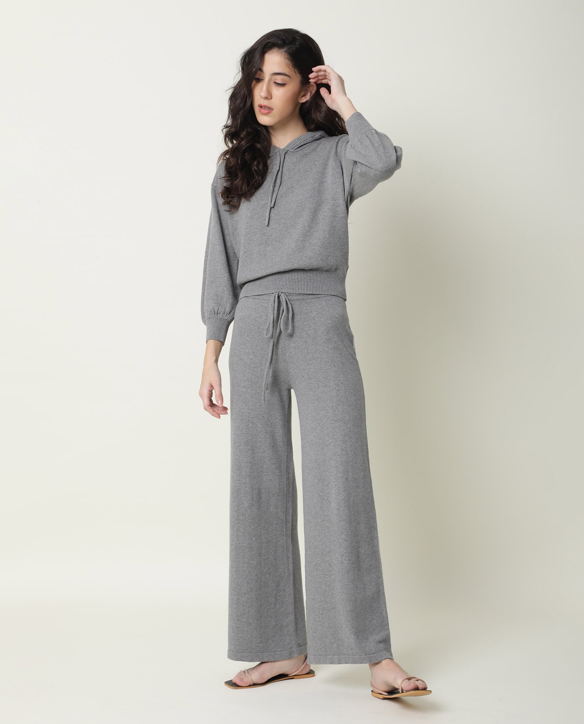 Rareism Women Finn Sweat Melange Grey Cotton Fabric Full Sleeves Relaxed Fit Solid Hooded Sweater