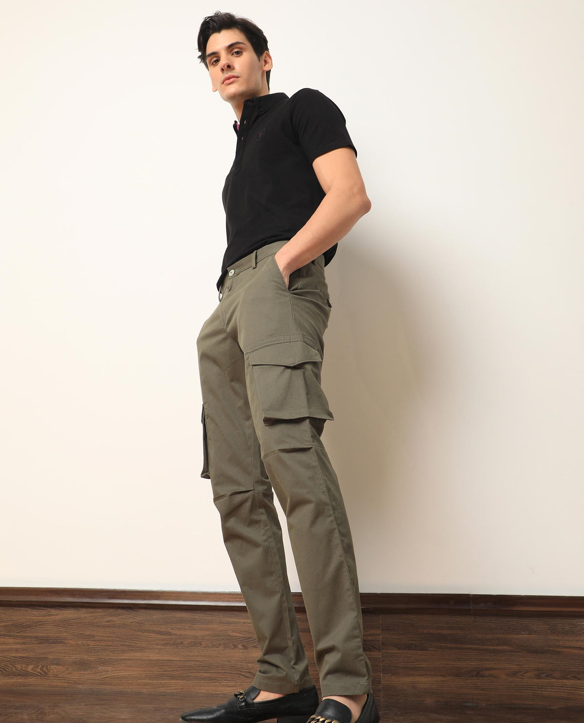 Rare Rabbit Men's Celu Olive Solid Mid-Rise Cargo Style Slim-Fit Trouser