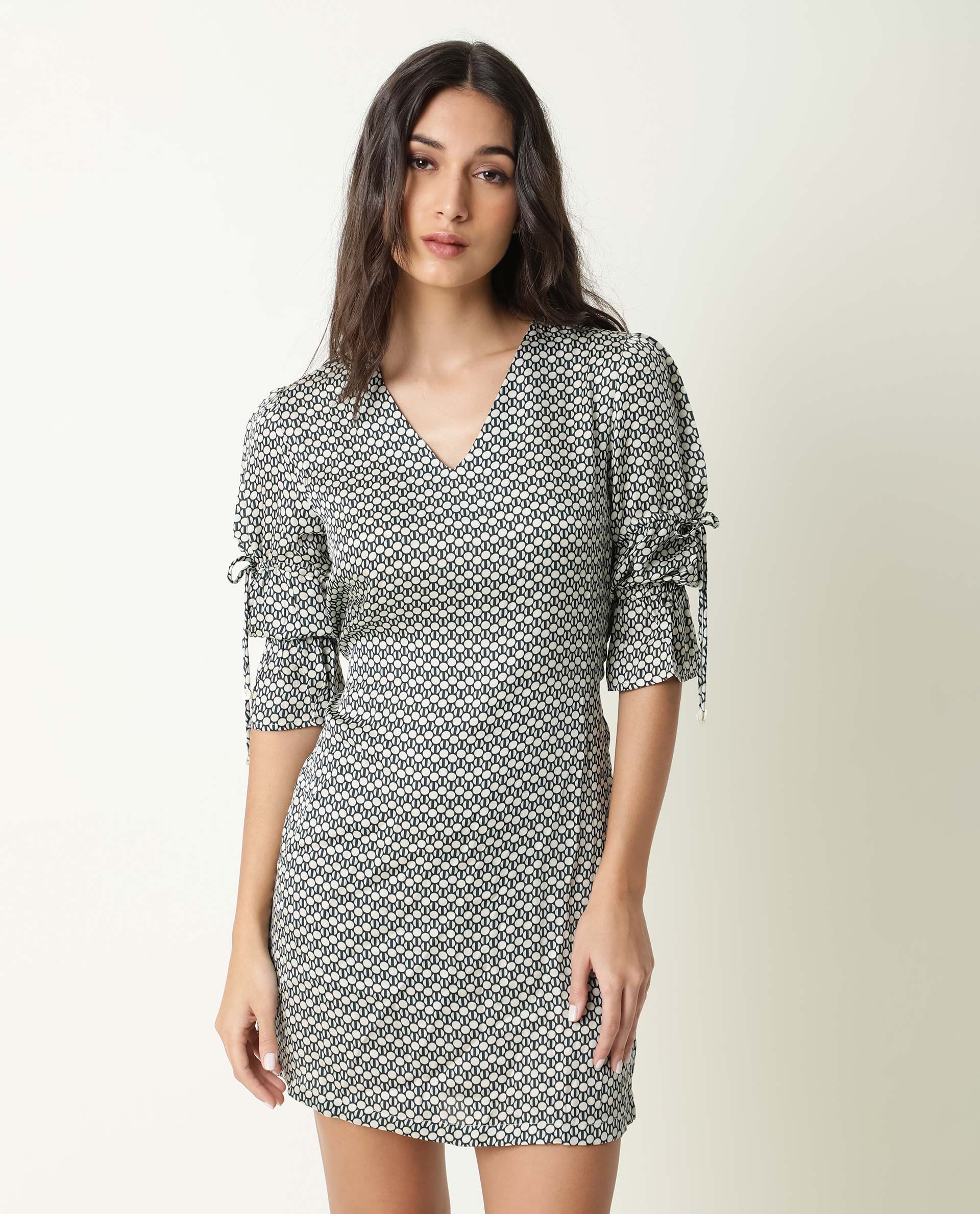 Rareism Women Cecilia Beige Geometric Print V Neck Short Sleeves With Drawstring Mini Dress