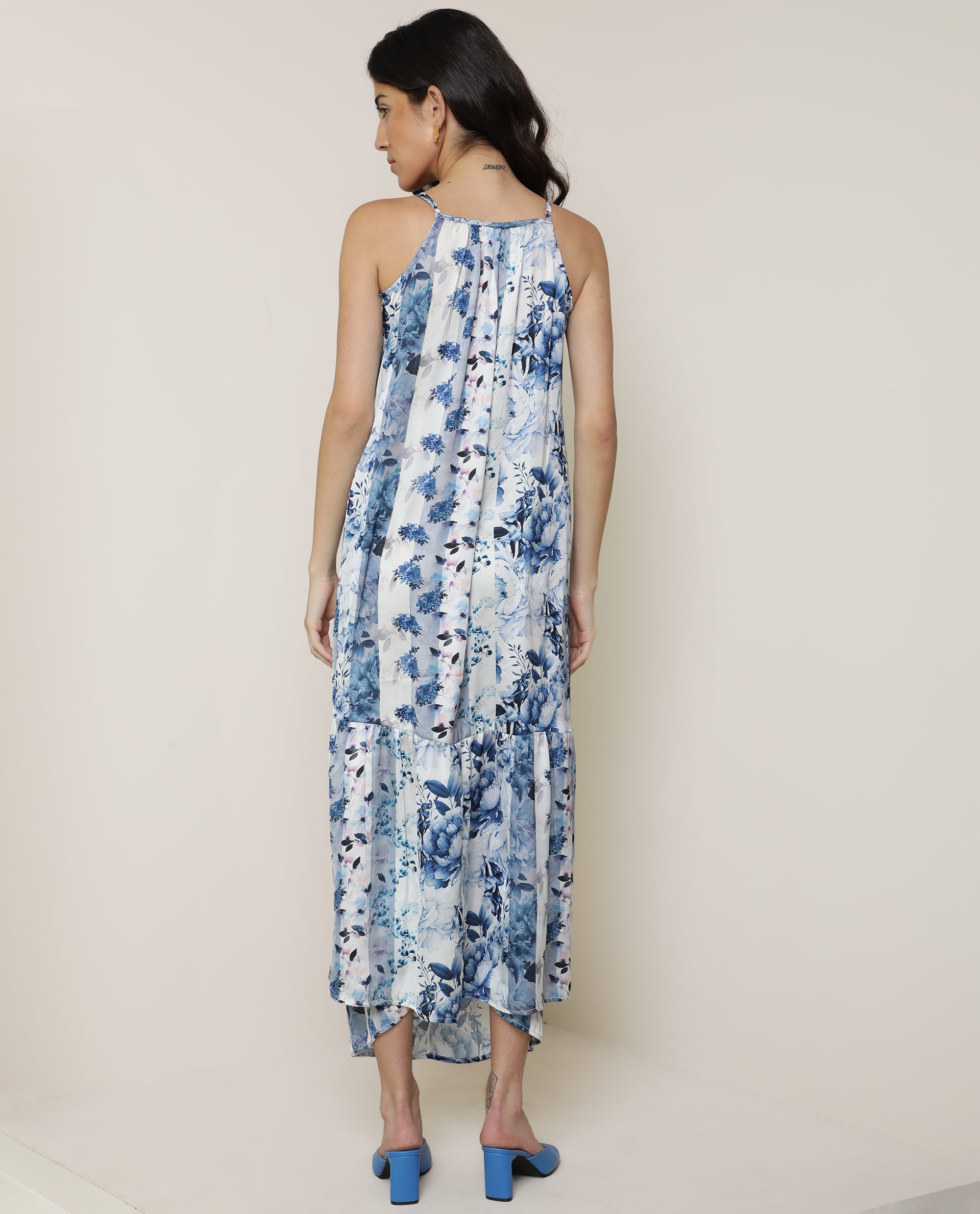 Rareism Women's Macy Light Blue Polyester Fabric Shoulder Straps Slip-On Closure Sleeveless Floral Print Maxi Dress