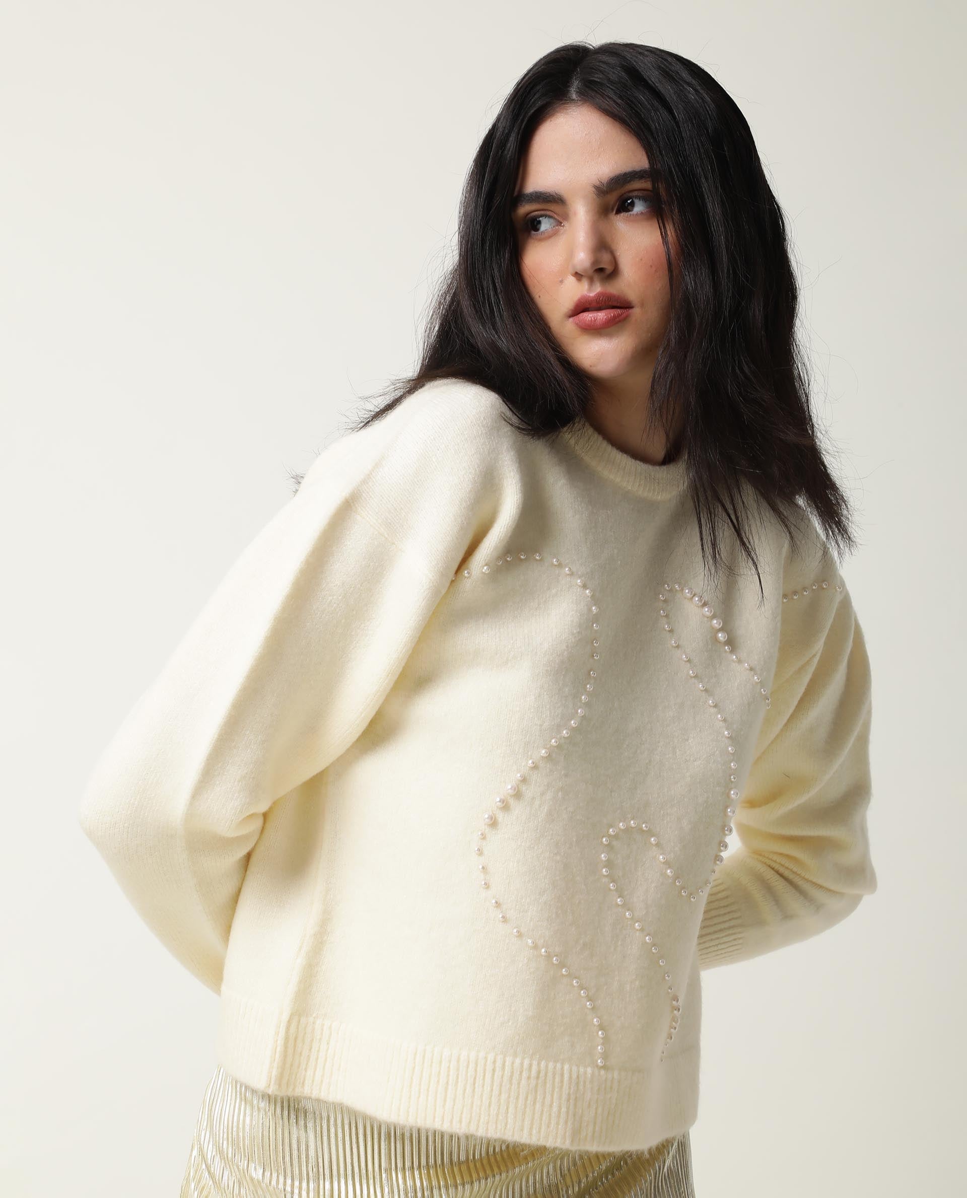 Rareism Women Tulsy Off White Acrylic Fabric Full Sleeves Knee Length Regular Fit Sequined Round Neck Sweater