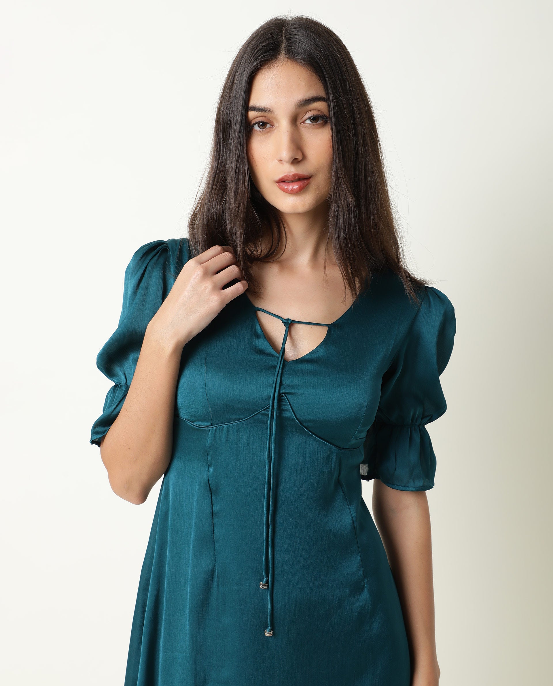 Rareism Women Betty Green V Neck Front Tie Up Short Puff Sleeves With Ruffled Hem Mini Dress