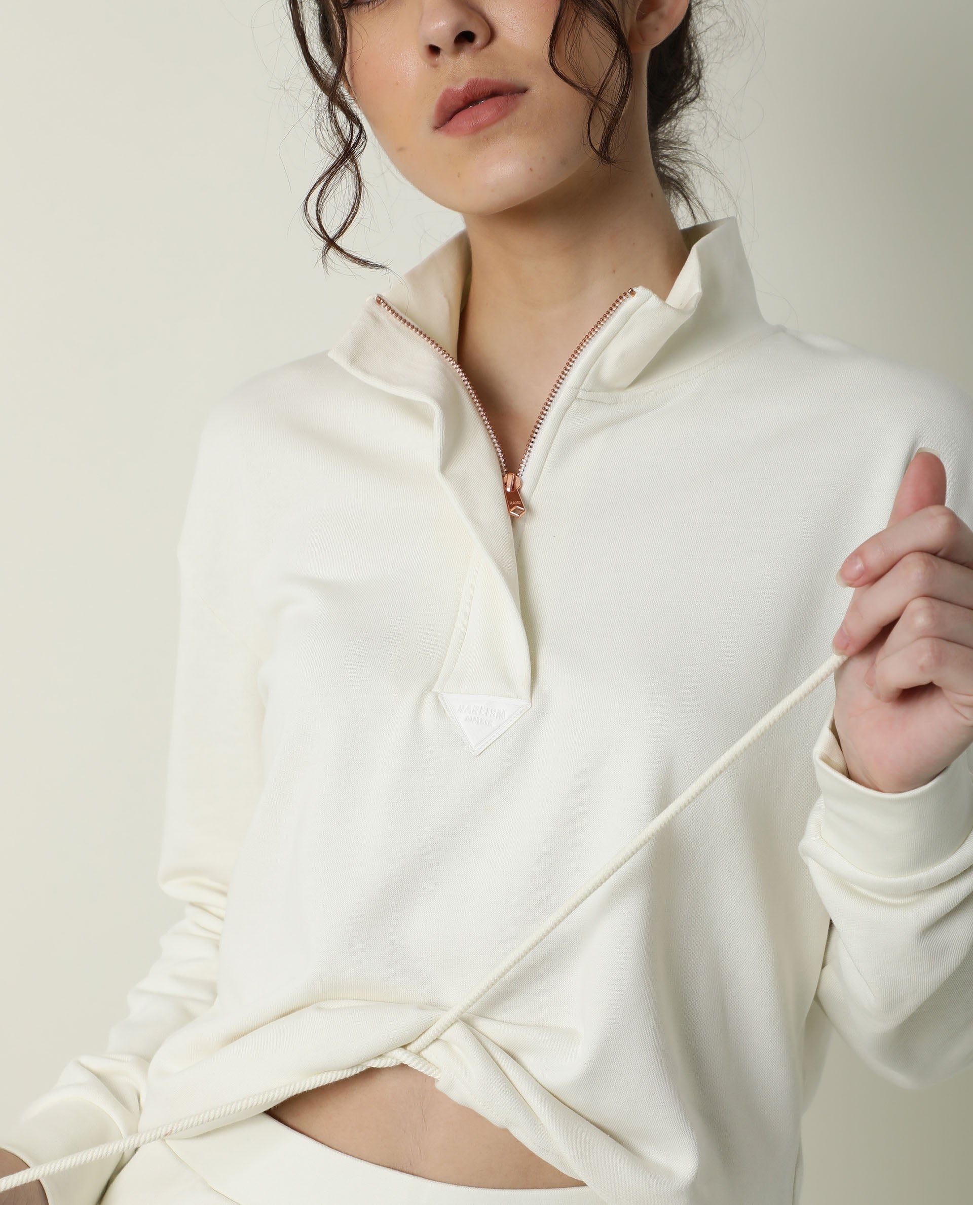 Rareism Women Taffy-1 Off White Relaxed Fit Full Sleeves Solid High Neck Sweatshirt