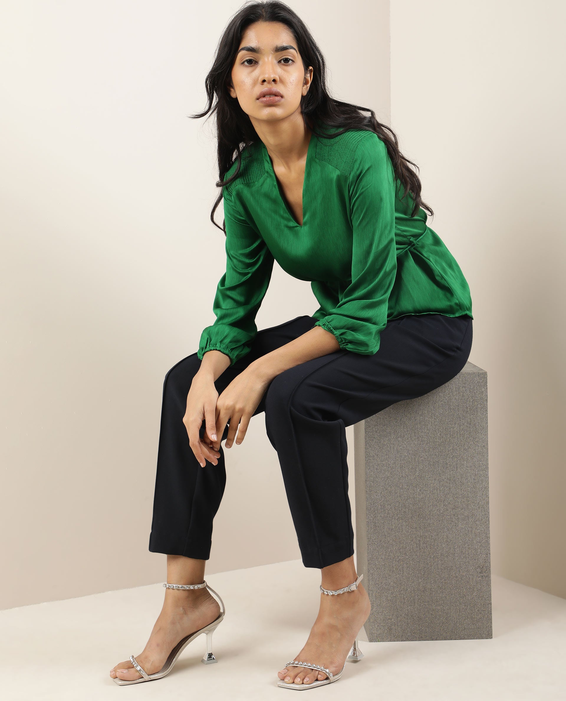 Rareism Womens Dronite Green Top Polyester Fabric Full Sleeve V Neck