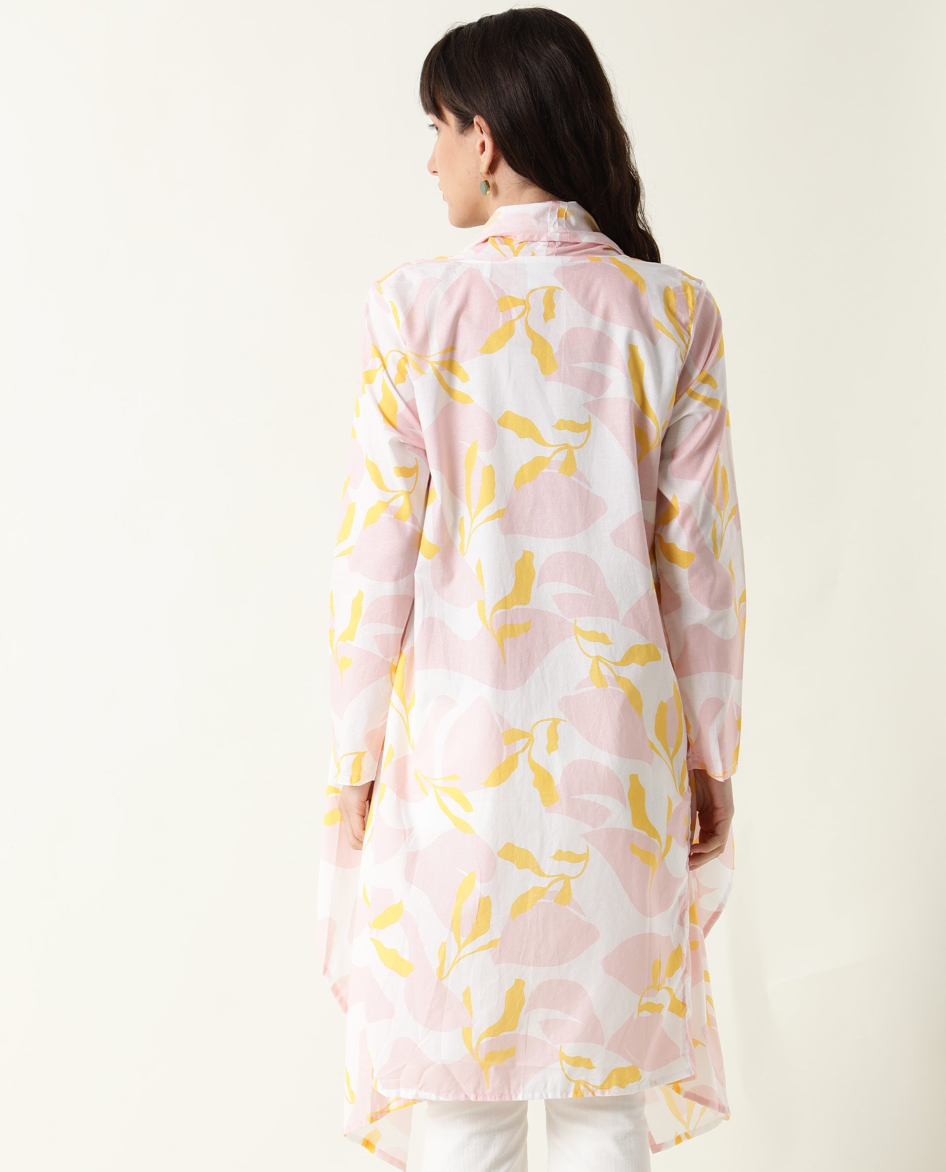 Rareism Women Noki Pink Regular Fit Knee Length Floral Print Collarless Outer Wear