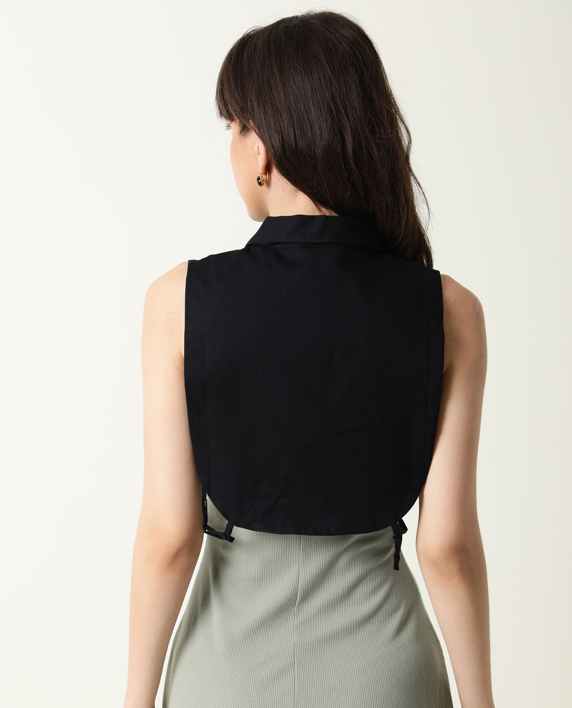 Rareism Womens Floret Black Over Layer Cotton Fabric Cropped Length Sleeveless Button Fastening Collar Neck