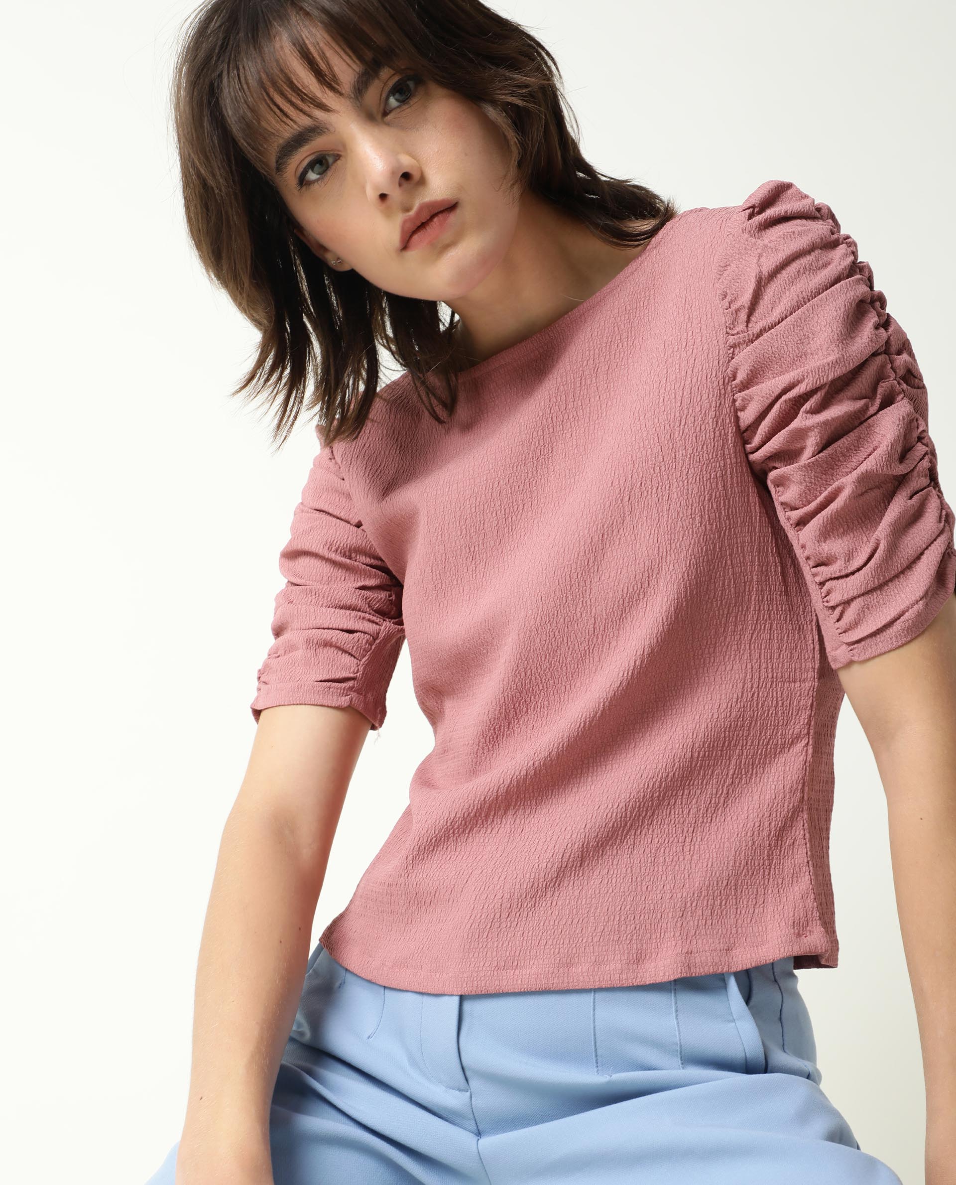 Rareism Women Frozen Brown Cotton Fabric Regular Fit Boat Neck Half Sleeves Solid Top