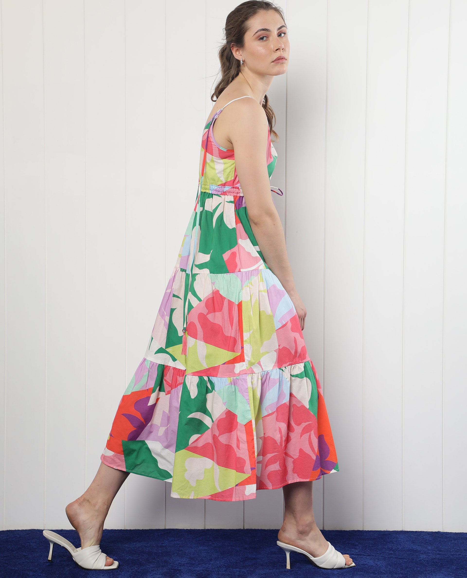 Rareism Women Grace Multi Cotton Fabric Sleeveless V-Neck Shoulder Straps Regular Fit Floral Print Knee Length Tiered Dress