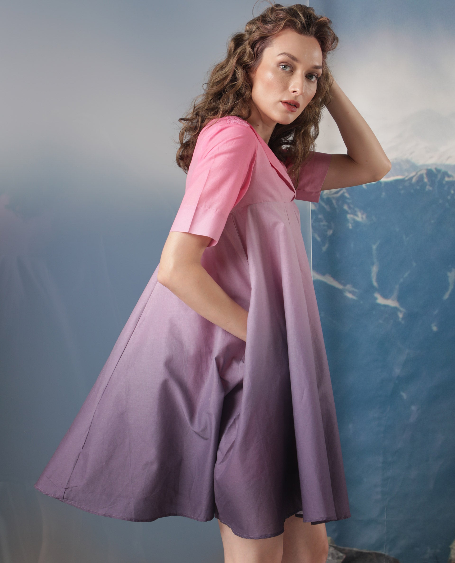 Rareism Women Celine Purple Cotton Fabric Short Sleeves Over Lap Flared Fit Ombre Knee Length Empire Dress