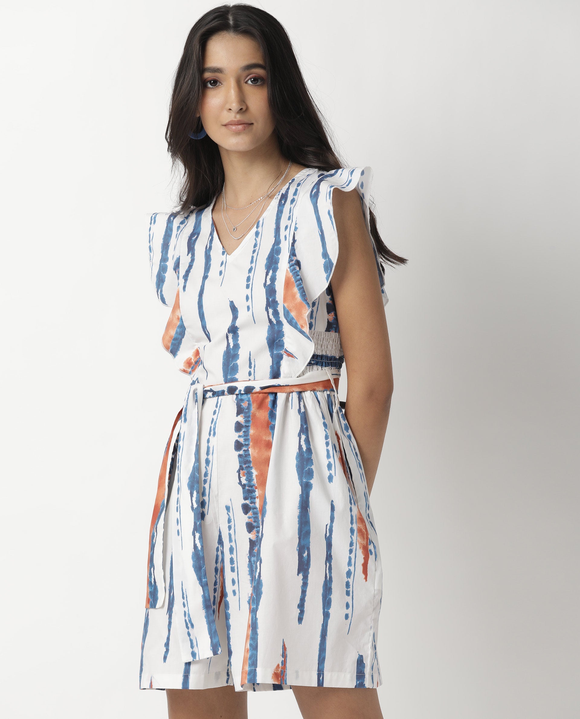 Rareism Women Camera Off White Cotton Fabric Regular Fit V-Neck Solid Playsuit