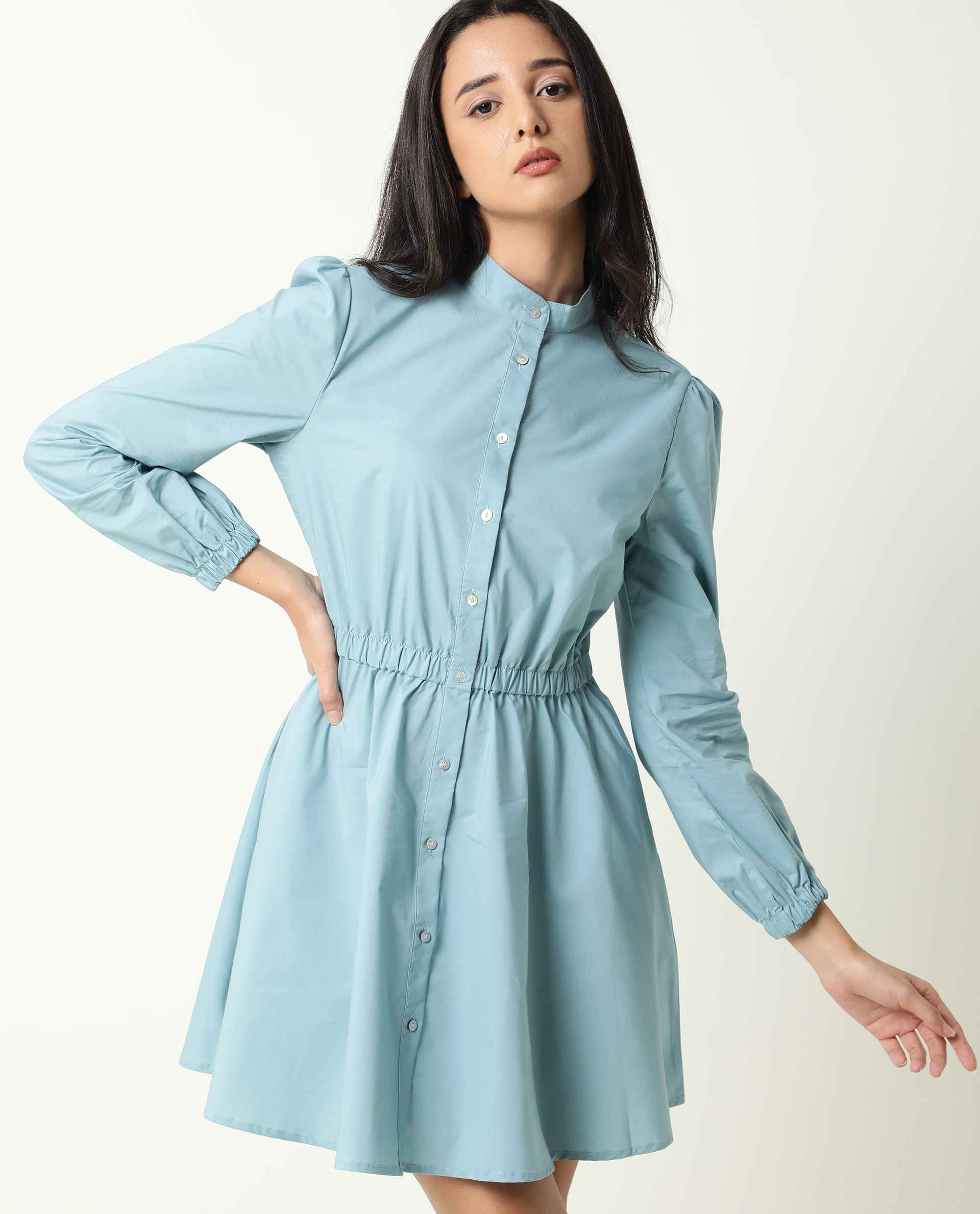 Rareism Women Darla Blue Mandarin Collar Full Front Button Closure Placket With Full Sleeves And Pocket Mini Dress