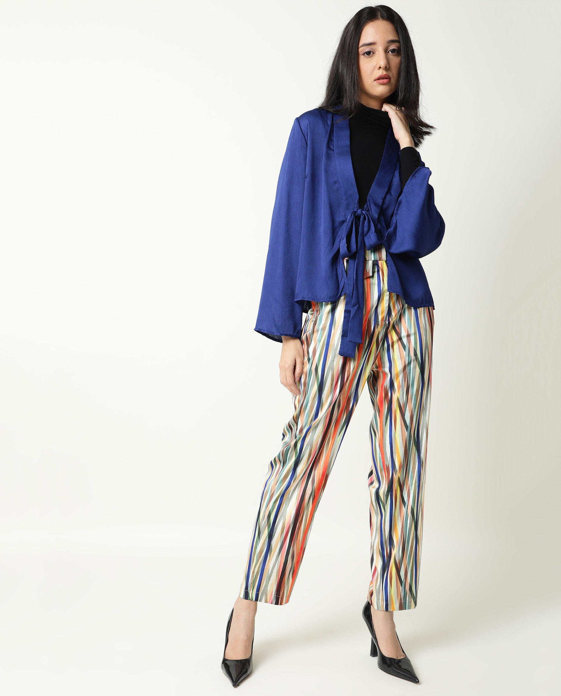 Rareism Women Cuff Blue Polyester Fabric Regular Fit Solid Shawl Collar Outer Wear