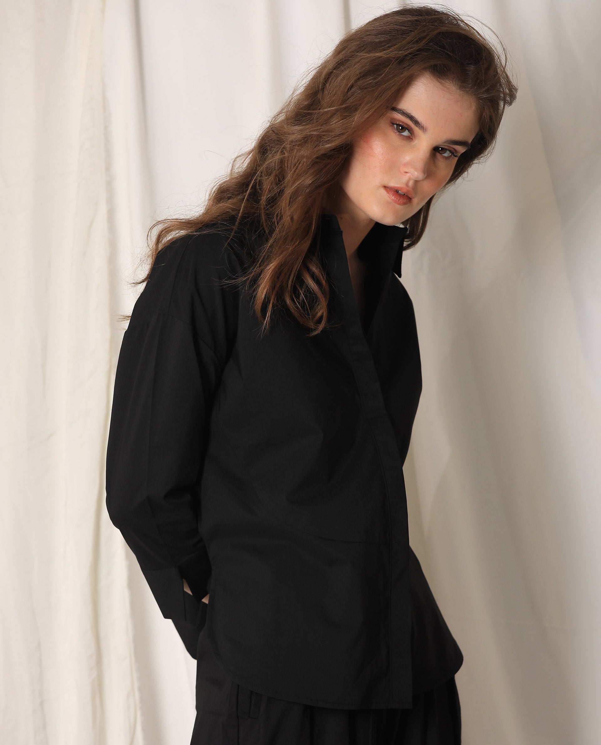 Rareism Womens Eleven Black Top Polyester Fabric Regular Fit 3/4 Sleeve Collared Neck