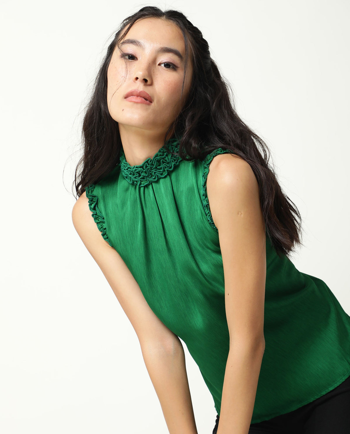 Rareism Womens Baileys Green Top Polyester Fabric Sleeveless Ruffled Neck