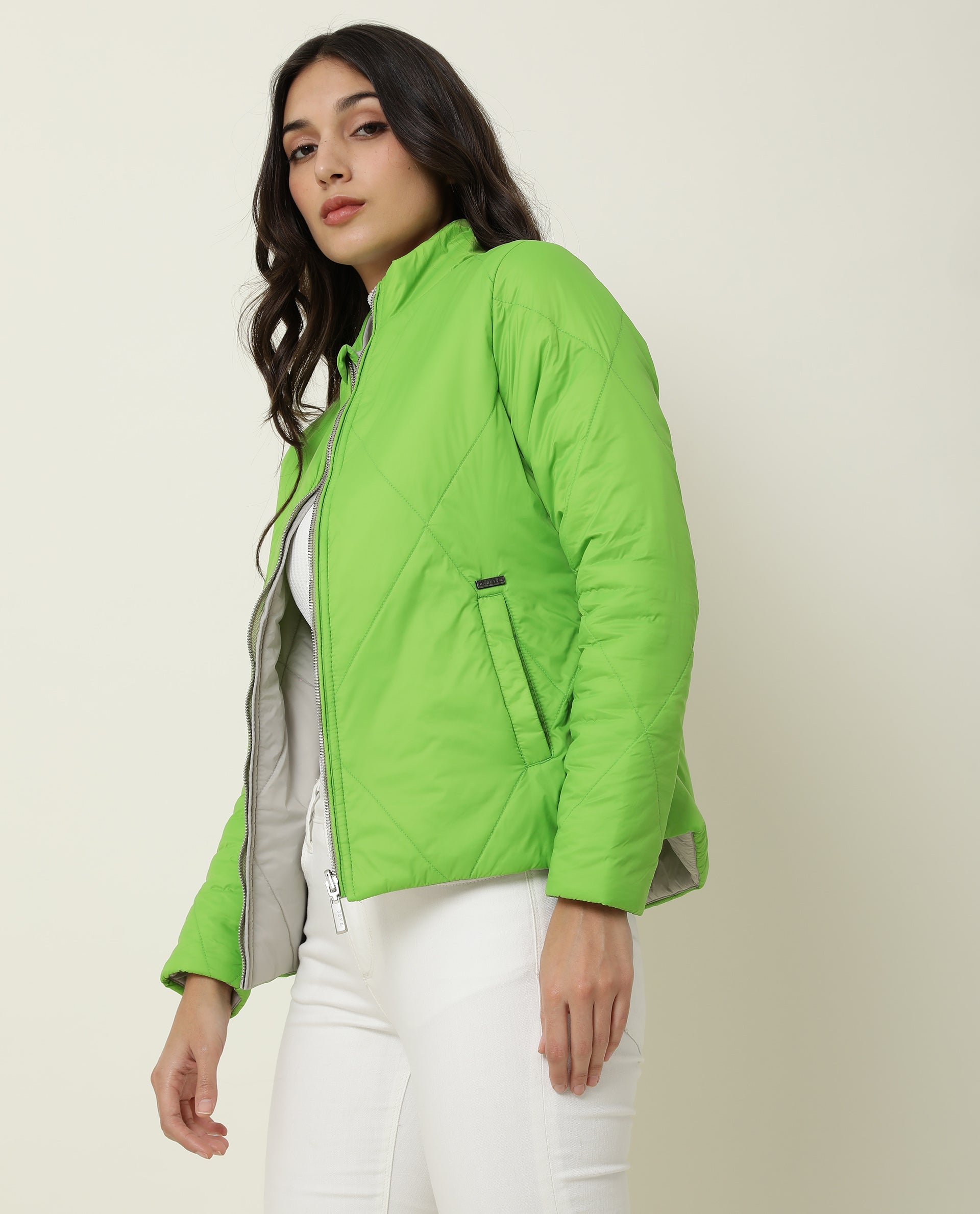 Rareism Women Cora Light Green Polyester Fabric Full Sleeves Solid High Neck Jacket