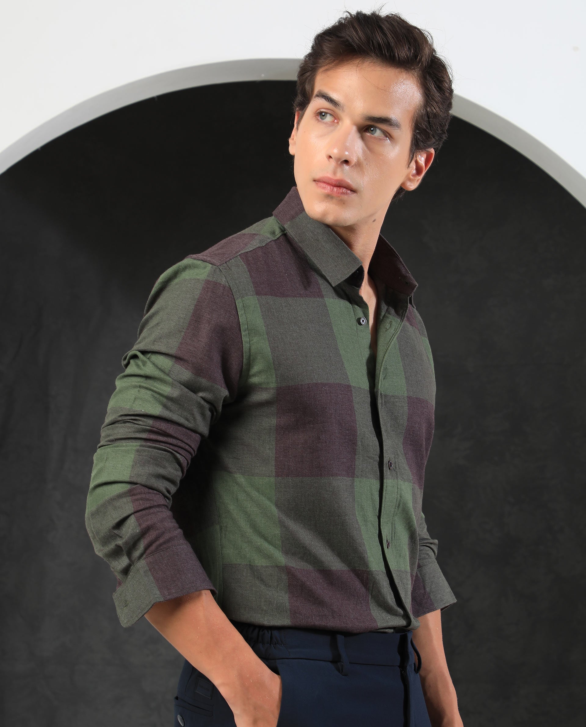 Rare Rabbit Men's Beavers Olive Cotton Polyester Fabric Full Sleeves Twill Checks Shirt