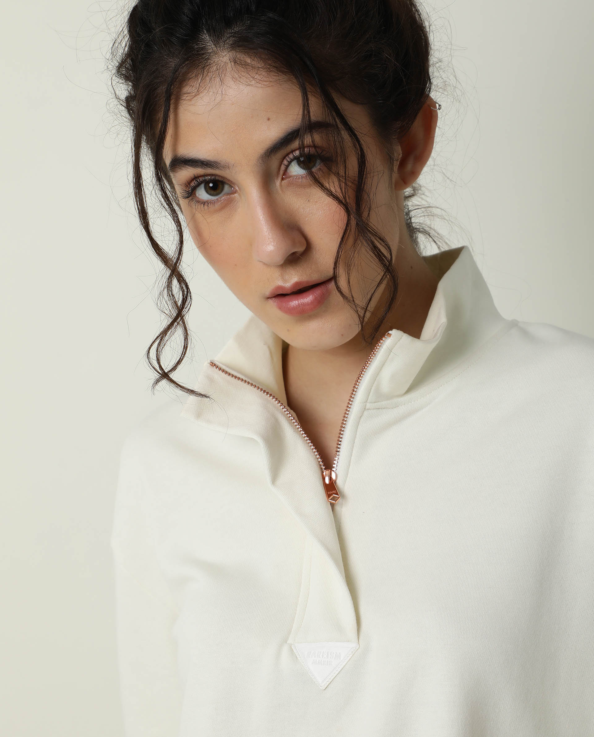 Rareism Women Taffy-1 Off White Relaxed Fit Full Sleeves Solid High Neck Sweatshirt