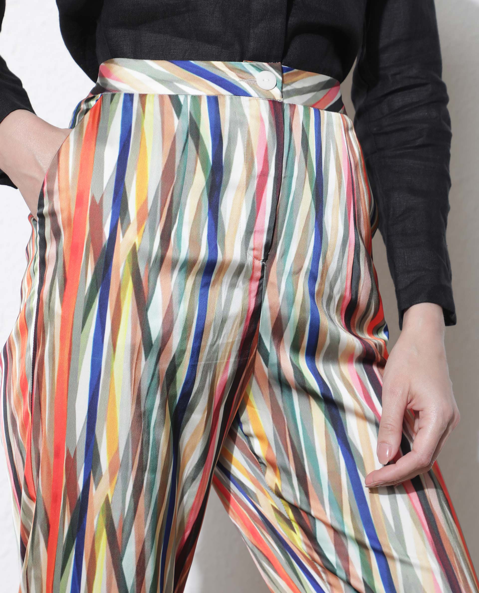 Rareism Women Ransom Multi Modal Fabric Tailored Fit Mid Rise Striped Ankle Length Trousers