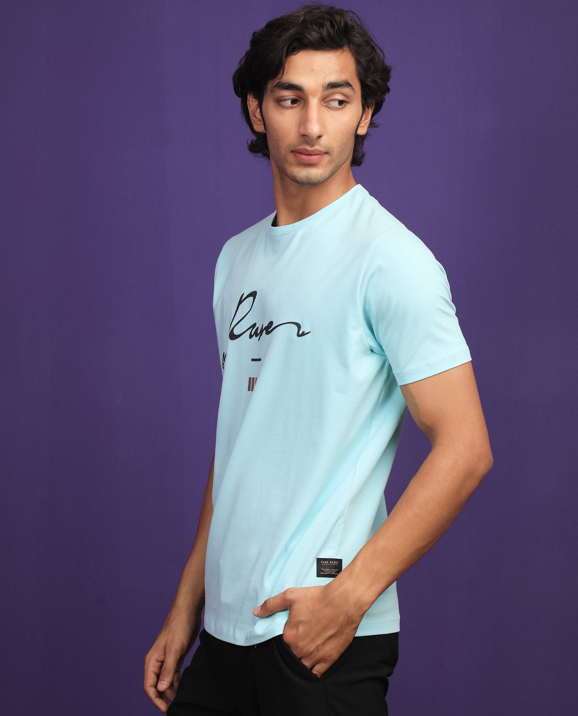 Rare Rabbit Men's Italicc Blue Crew Neck Branded Signature Half Sleeves Slim Fit T-Shirt