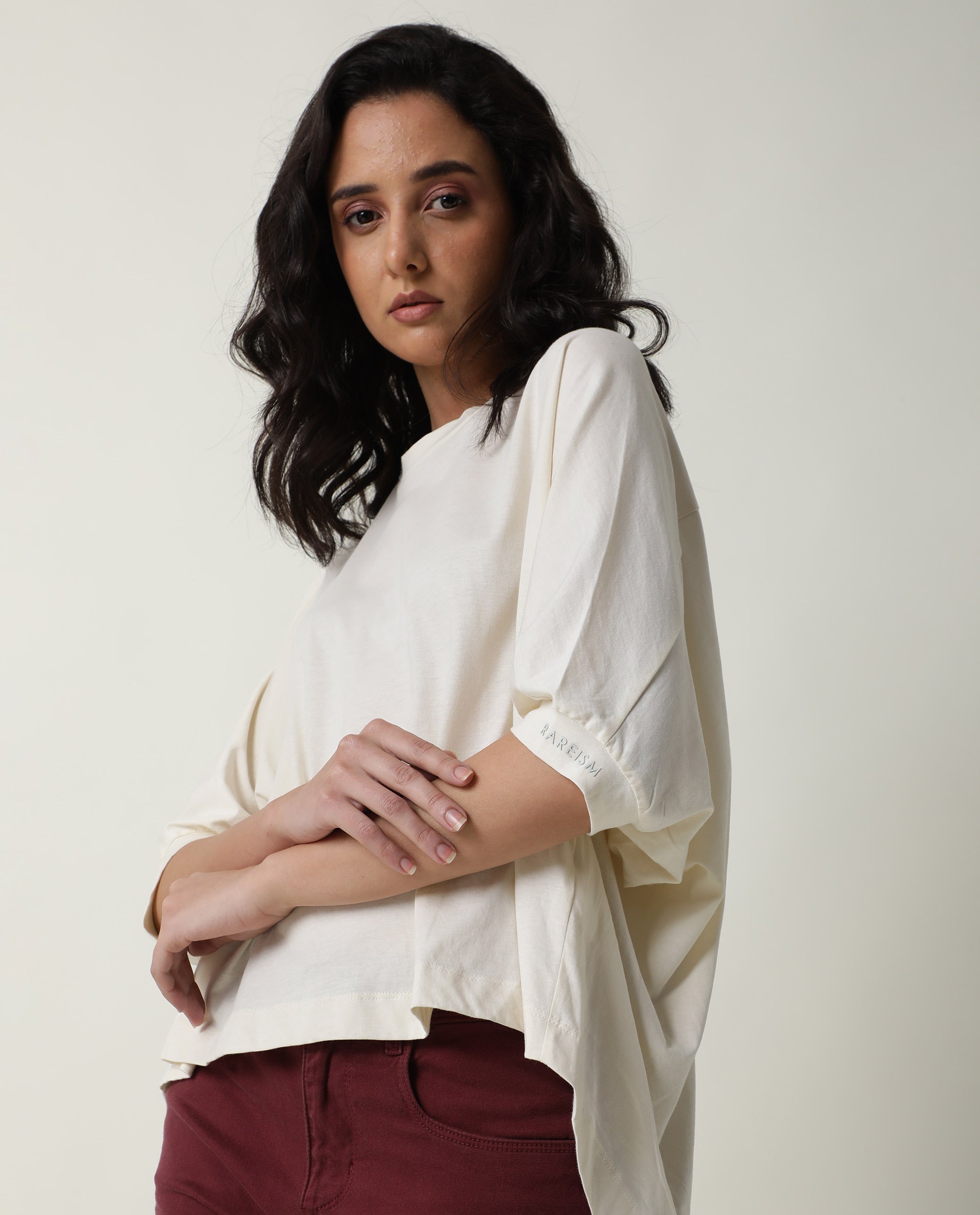 Rareism Women Osmo Off White Cotton Fabric Relaxed Fit Round Neck 3/4Th Sleeves Solid Top
