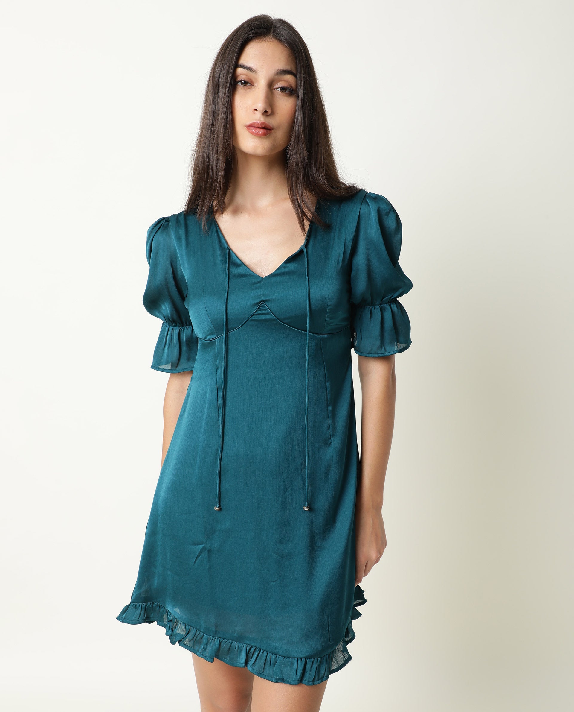Rareism Women Betty Green V Neck Front Tie Up Short Puff Sleeves With Ruffled Hem Mini Dress