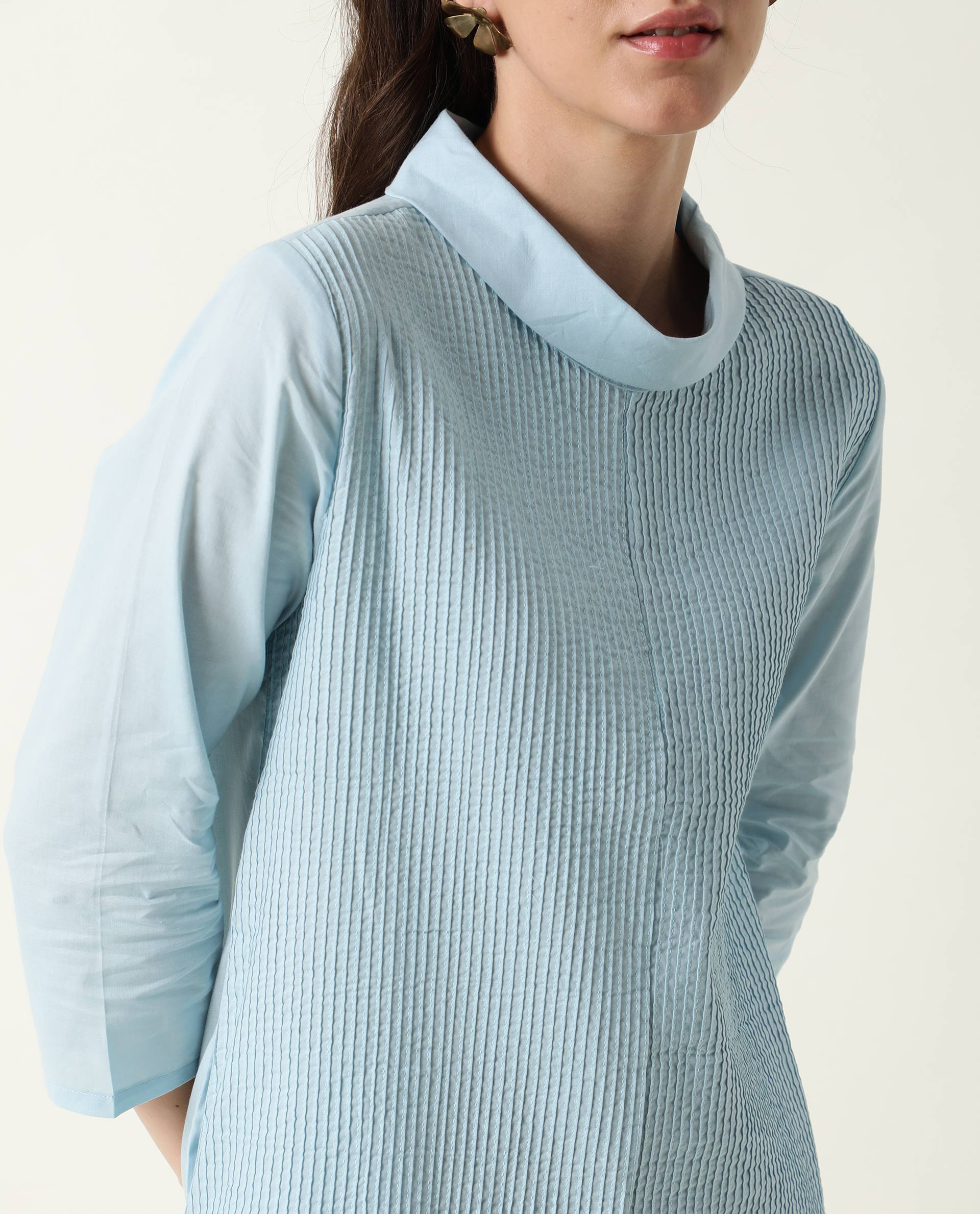 Rareism Women Printol Blue Cotton Fabric Regular Fit Turttle Neck 3/4Th Sleeves Ribbed Top