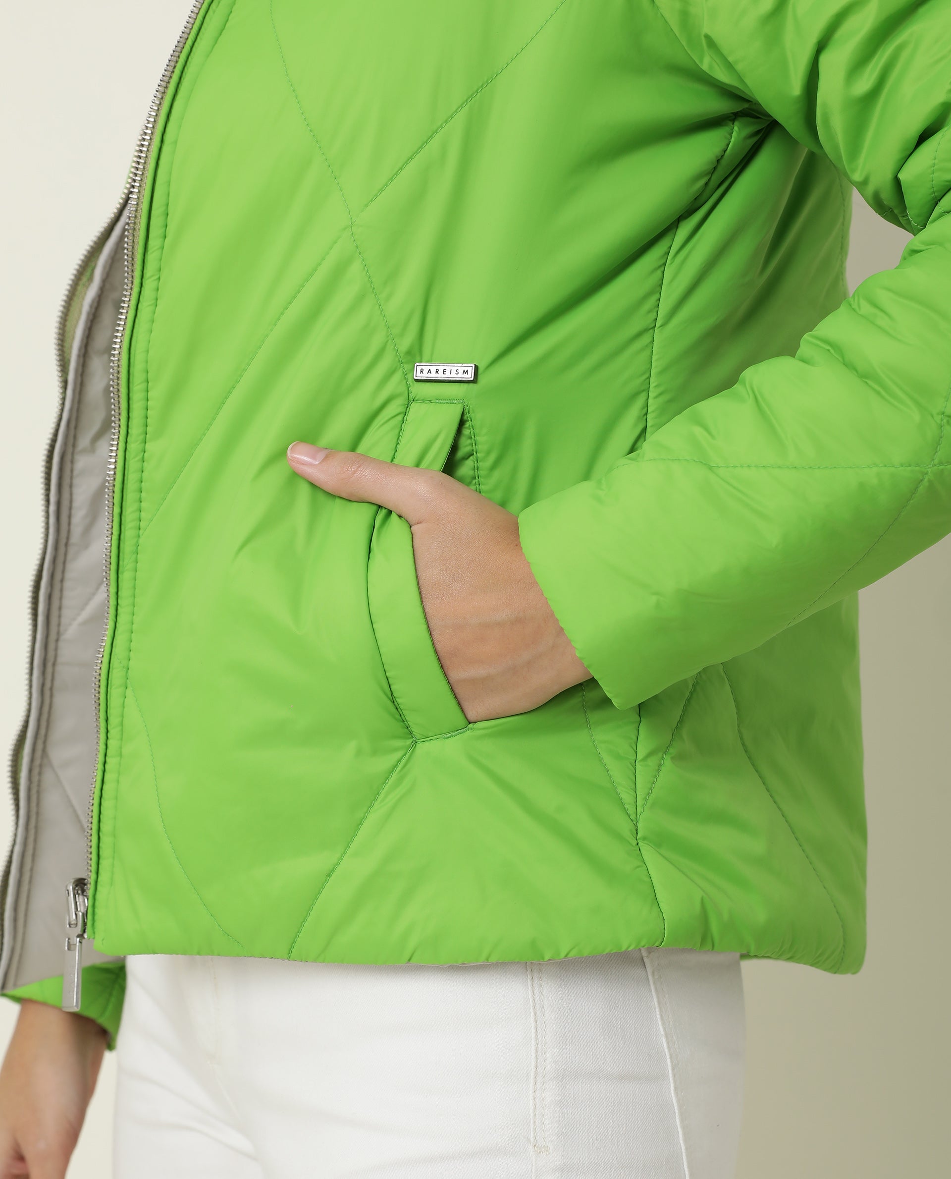 Rareism Women Cora Light Green Polyester Fabric Full Sleeves Solid High Neck Jacket