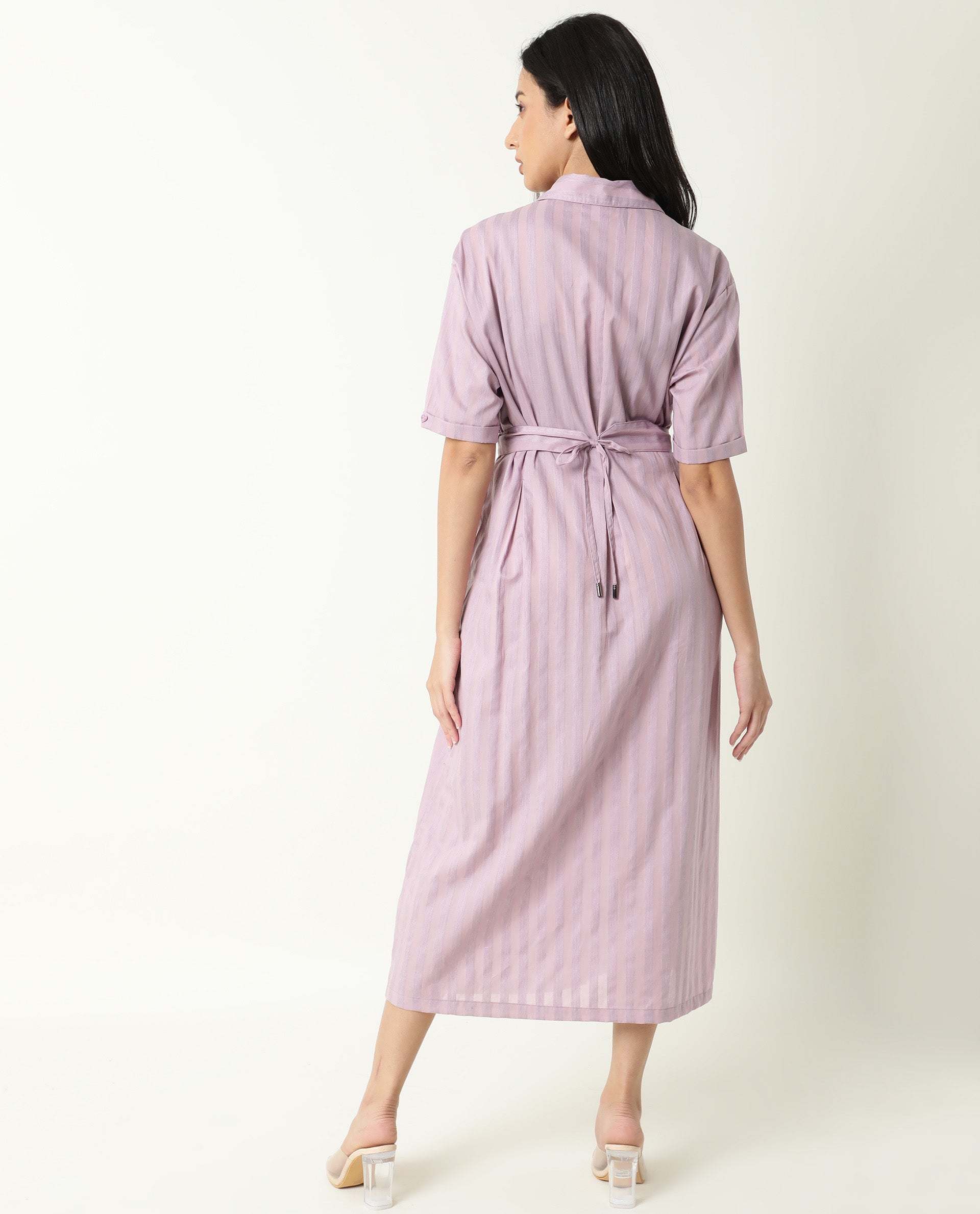 Rareism Women Paris Pink Shirt Collar Short Sleeves Front Full Button Closure Placket Fabric Tie Up Belt Pocket Midi Dress